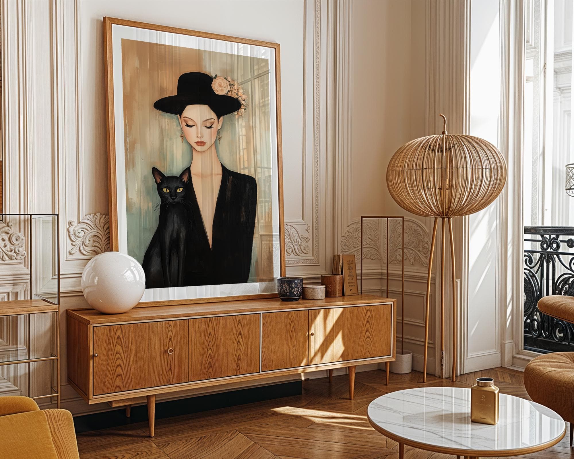 Black Cat and Lady Portrait - Modern Vintage Aesthetic Digital Art, Classy Lady with Black Cat Poster, Vintage Woman Art, Black Cat Portrait - view 3
