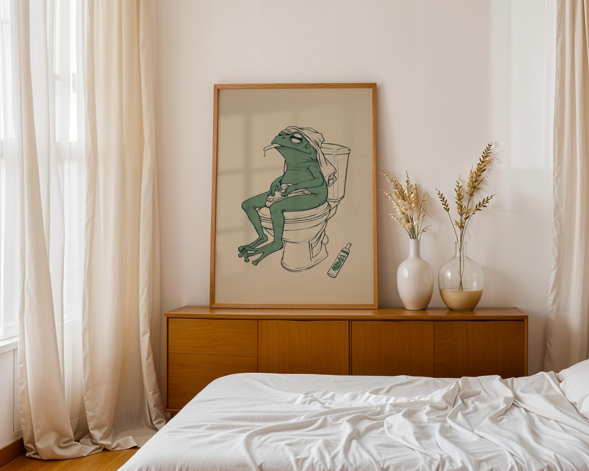 Frog on Toilet Green Art Print, Retro Frog Poster, Vintage Print, Funny Bathroom Art, Digital Download, Frog Art Print, Toilet Art Print - view 2