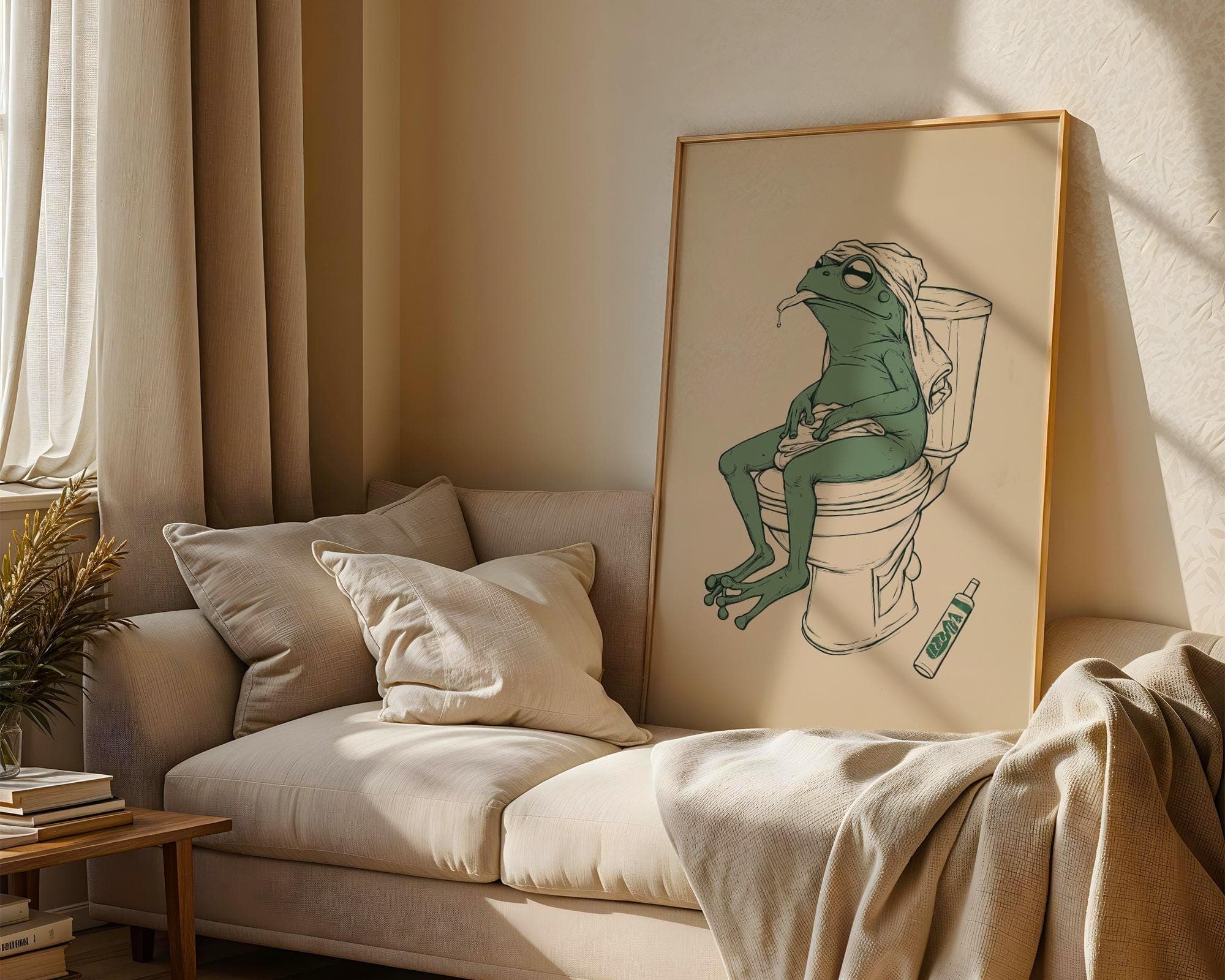 Frog on Toilet Green Art Print, Retro Frog Poster, Vintage Print, Funny Bathroom Art, Digital Download, Frog Art Print, Toilet Art Print - view 4