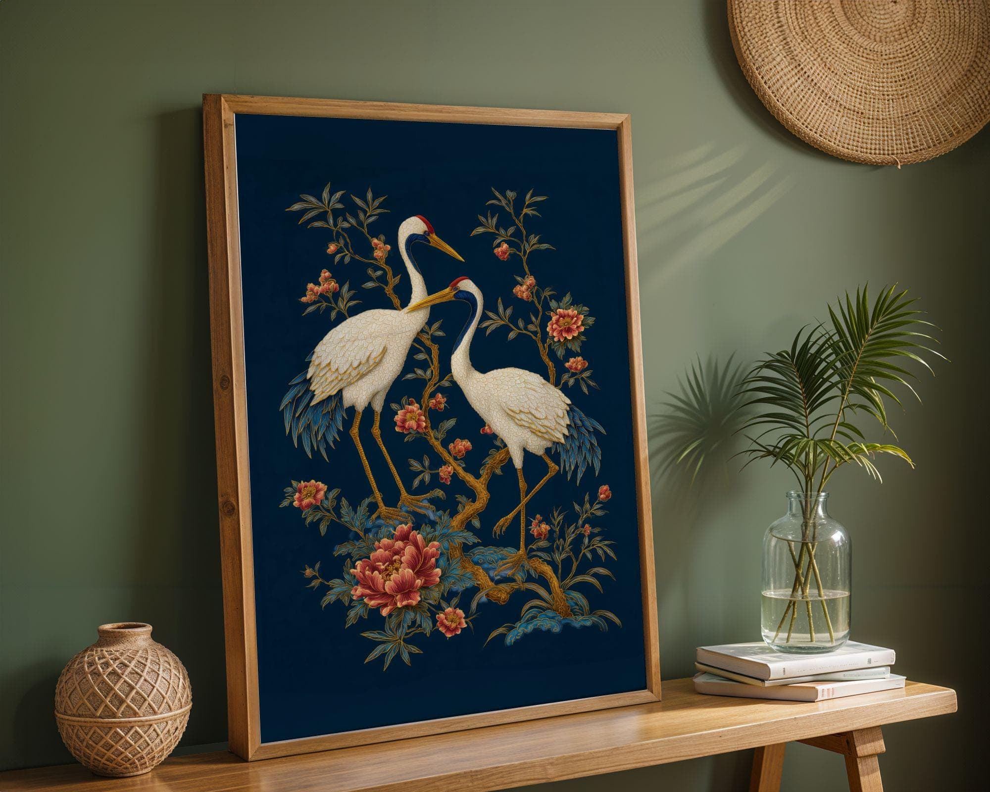 Gold Crane Wall Art Blue Oriental Decor, Japanese Crane Wall Art Print, Gold Asian Bird Painting, Oriental Floral Decor, Japandi Crane Art - view 7
