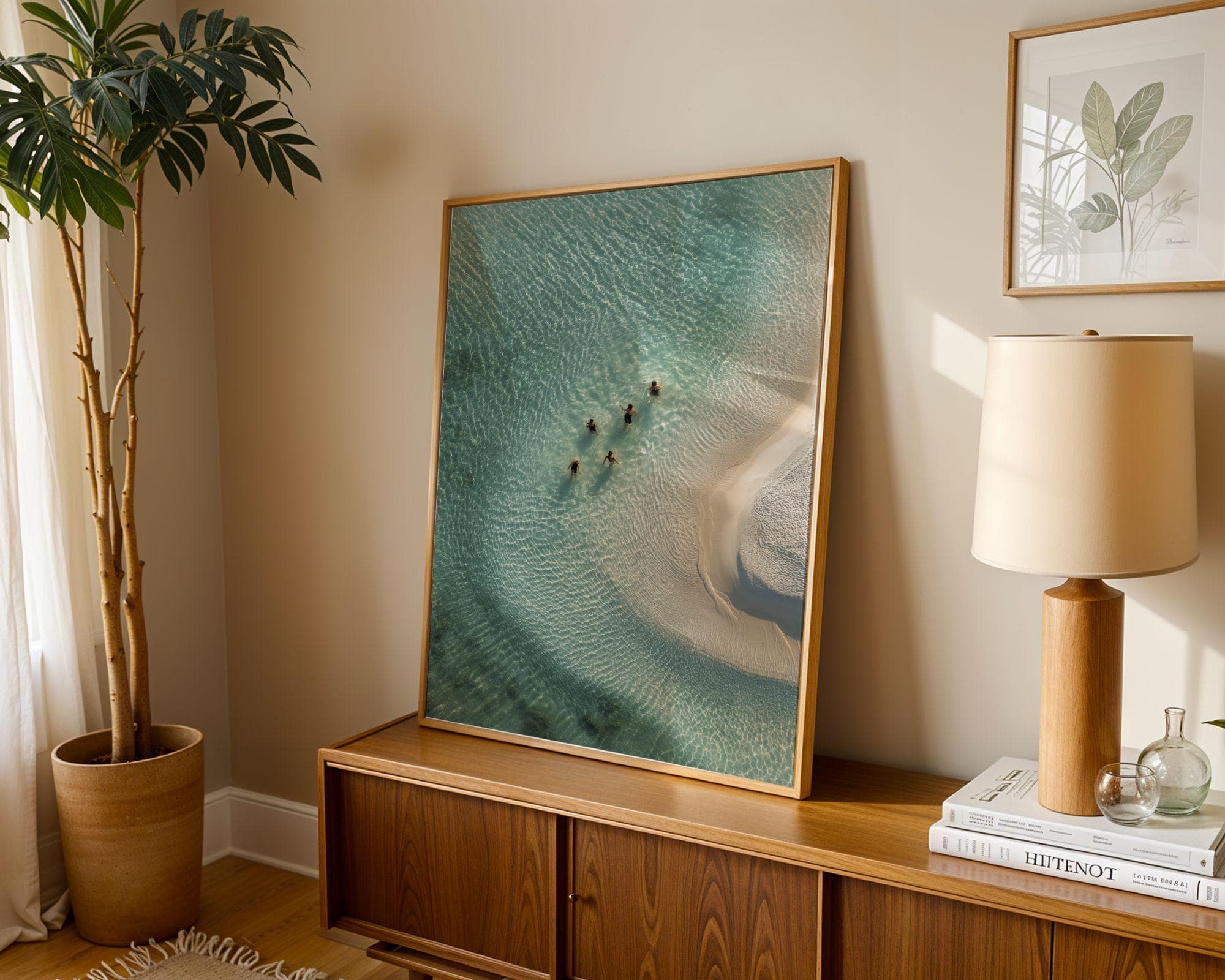 Aerial Ocean Print, Tropical Wall Art, Minimal Coastal Print | Swimmers in Aqua Ripples, Aerial Beach Art Print, Turquoise Lagoon Wall Decor - view 6