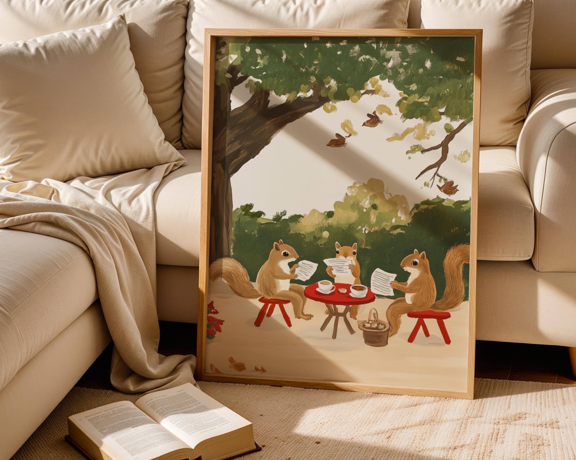 Whimsical Squirrel Art Print, Cute Forest Animals Illustration, Rustic Home Decor, Vintage Style Squirrel Tea Party, Squirrel Painting - view 2