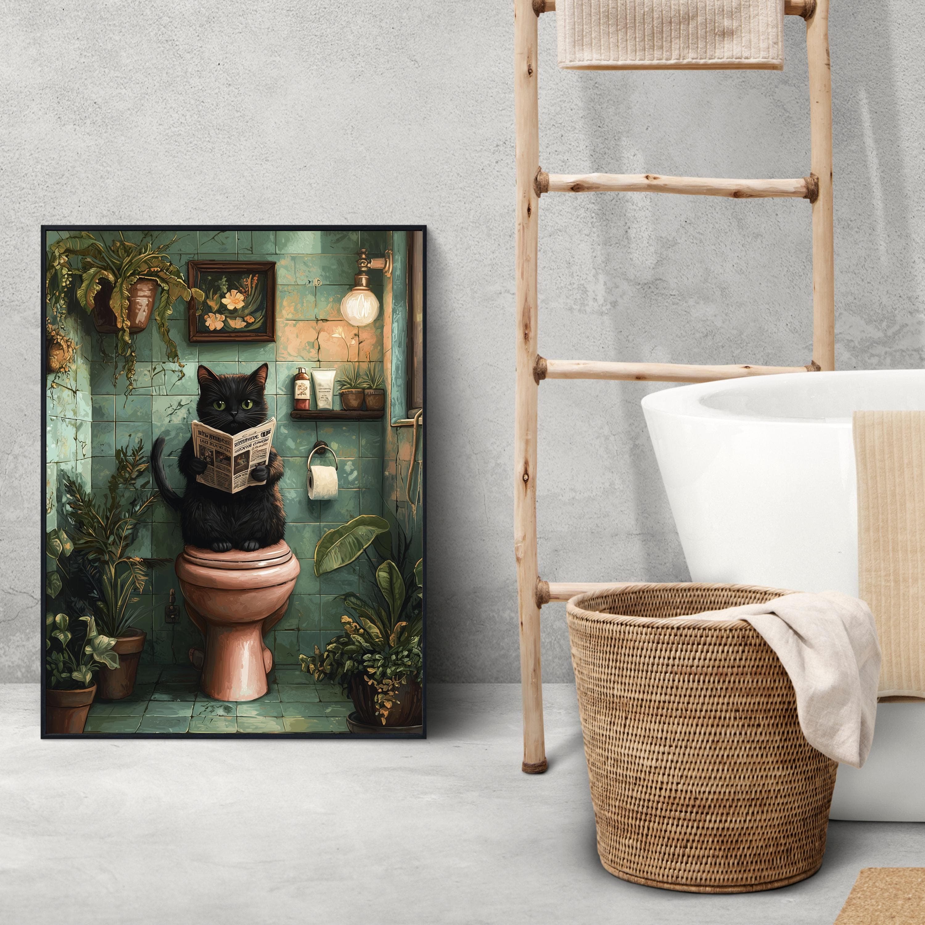 Vintage Black Cat Bathroom Wall Art, Toilet Fun Wall Art, Funny Black Cat Bathroom Art, Quirky Bathroom Wall Decor, Whimsical Bathroom Print - view 3