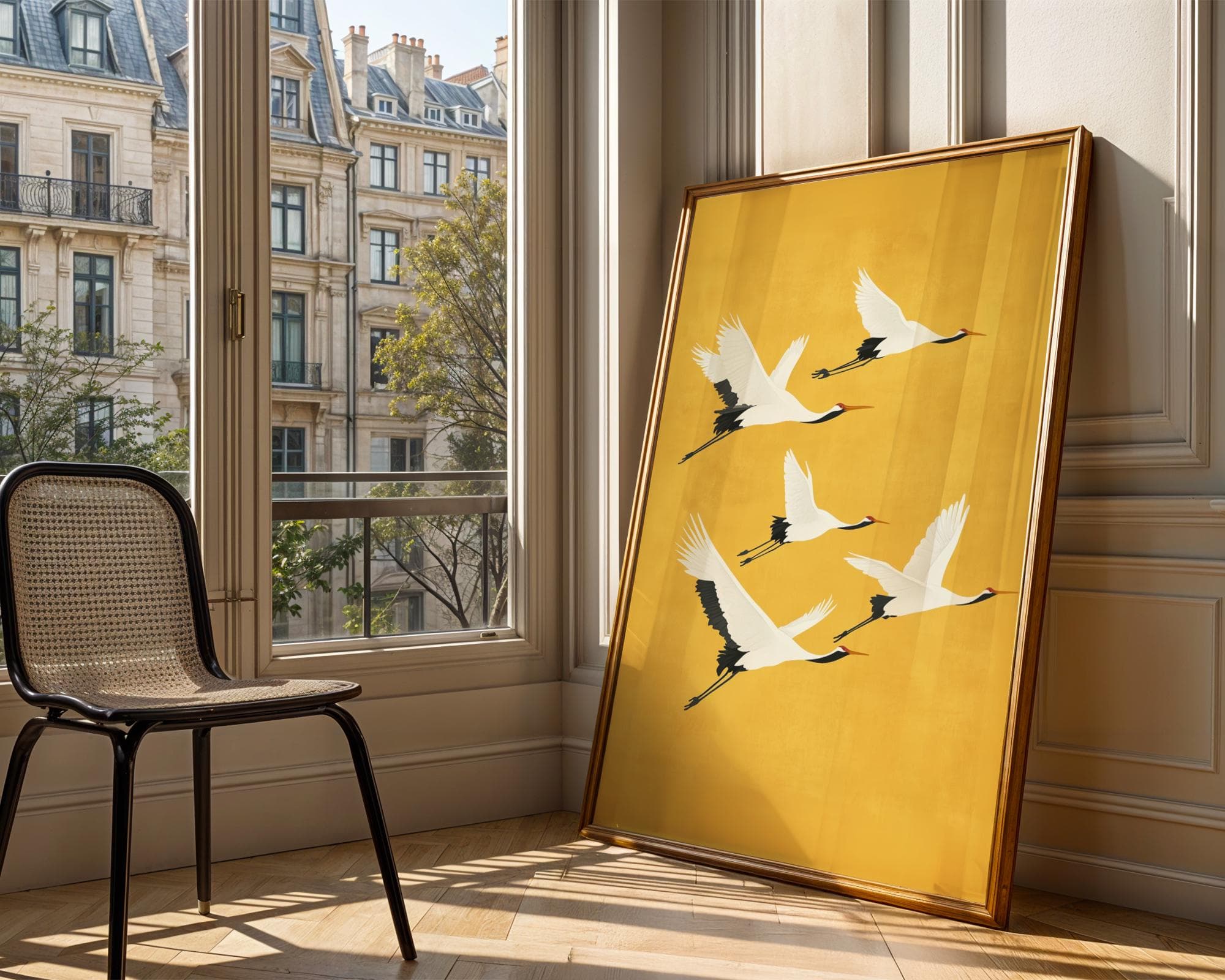 Flying Cranes on Golden Yellow, Japandi Digital Download, Japandi Decor, Boho Bird Art, Japanese Crane Wall Art, Wabi Sabi Wall Art - view 6