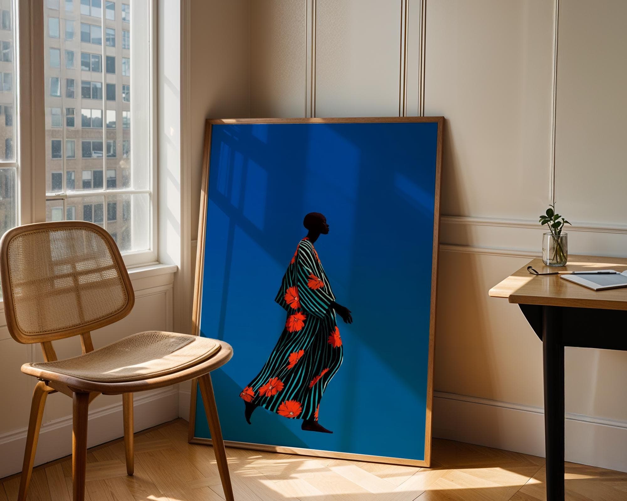 Minimalist Print Art, Contemporary Art, Ethnic Print Art, Modern African Woman Wall Art, African Woman in Striped Floral Dress, African Art - view 2