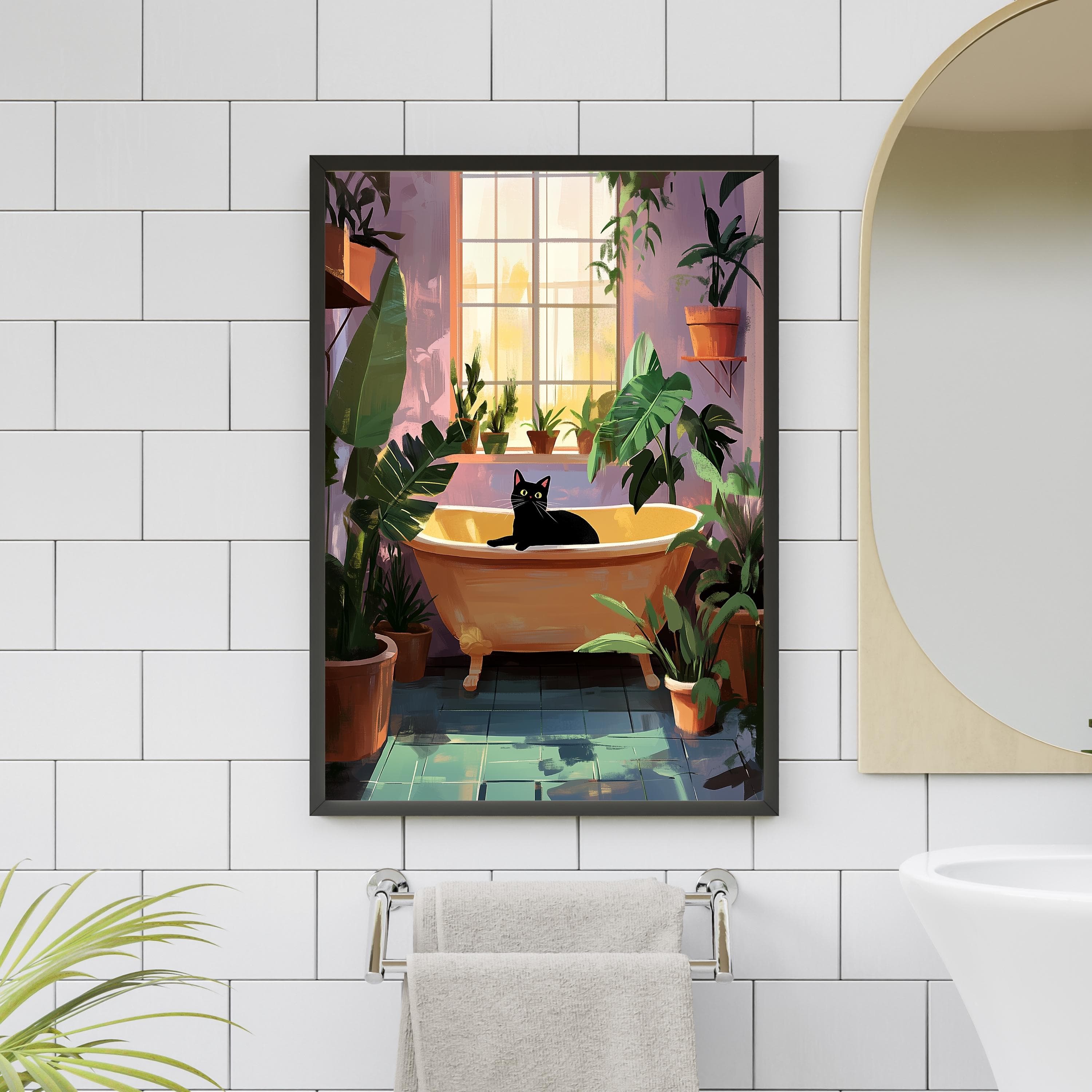 Bath Cat Print Funny, Purple Painting Poster, Animal Wall Art, Quirky Cat Decor, Bathtube Wall Art, Cat in Bathroom Art, Maximalist Cat Art - view 2