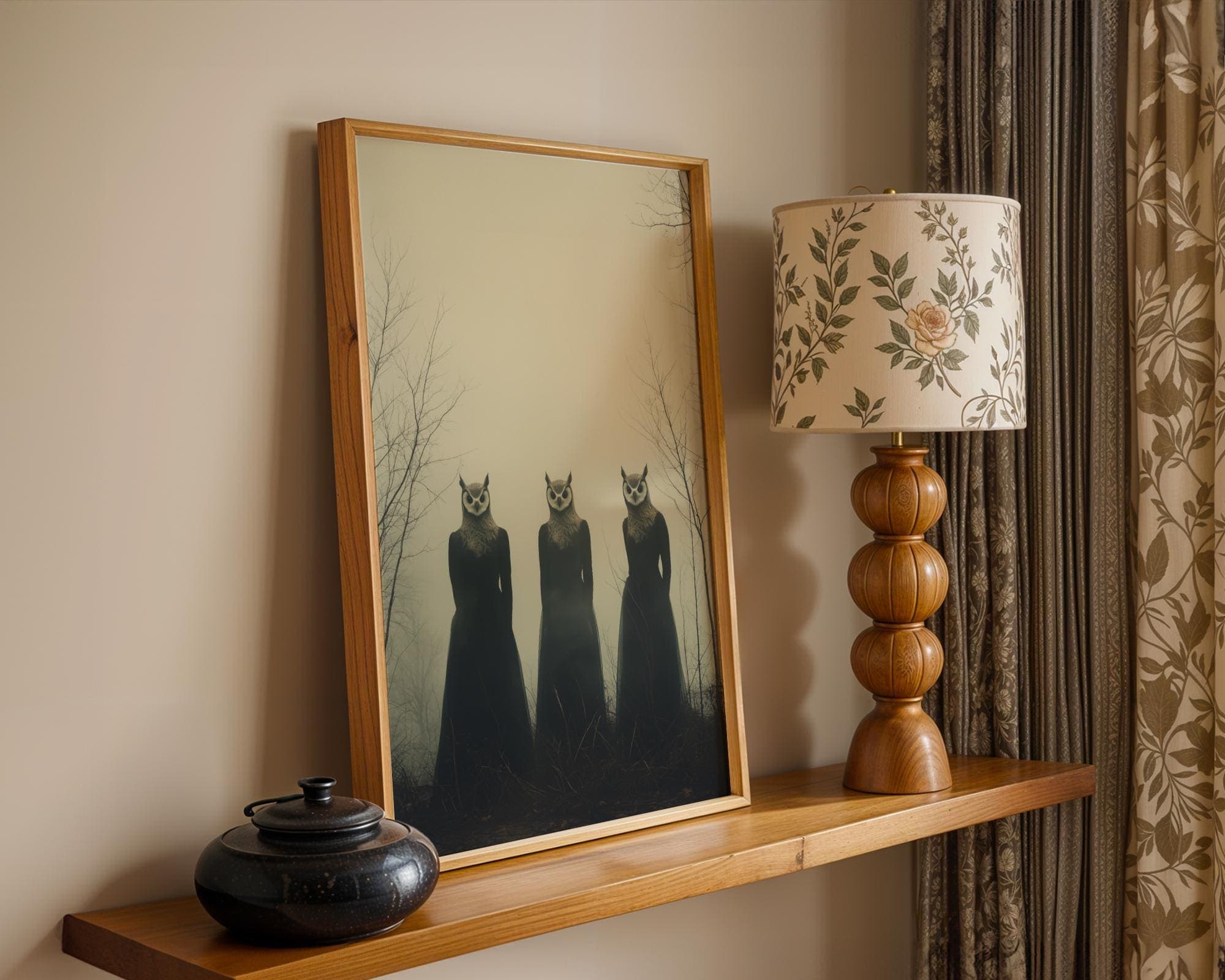 Surreal Gothic Owl Women Wall Art β Creepy Forest Print for Witchy Dark Academia Decor, Moody Sepia Surreal Print, Whimsical Gothic Decor - view 4