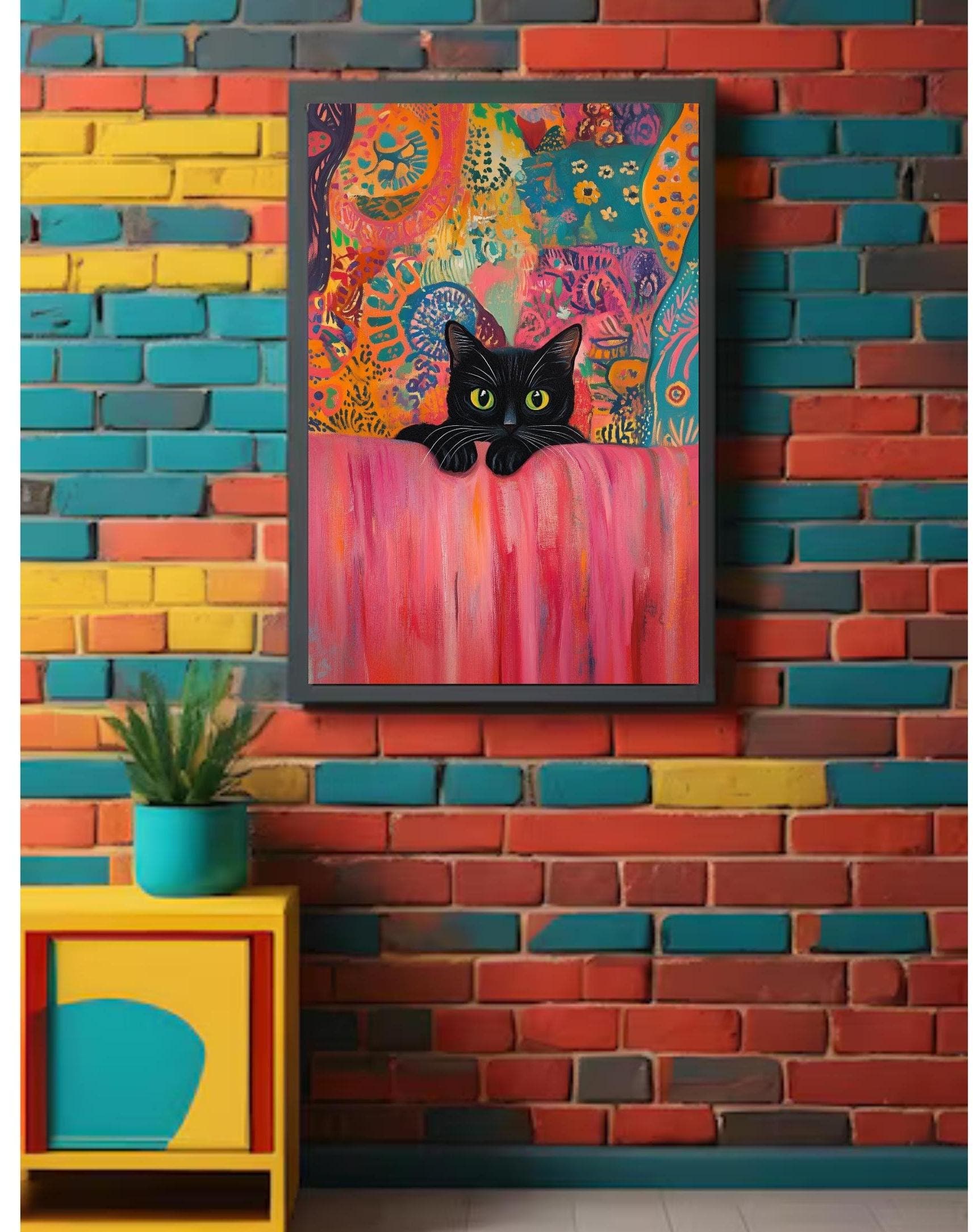 Black Cat Art Print, Pink Couch, Colorful Abstract, Matisse Style (Digital Download) - view 7