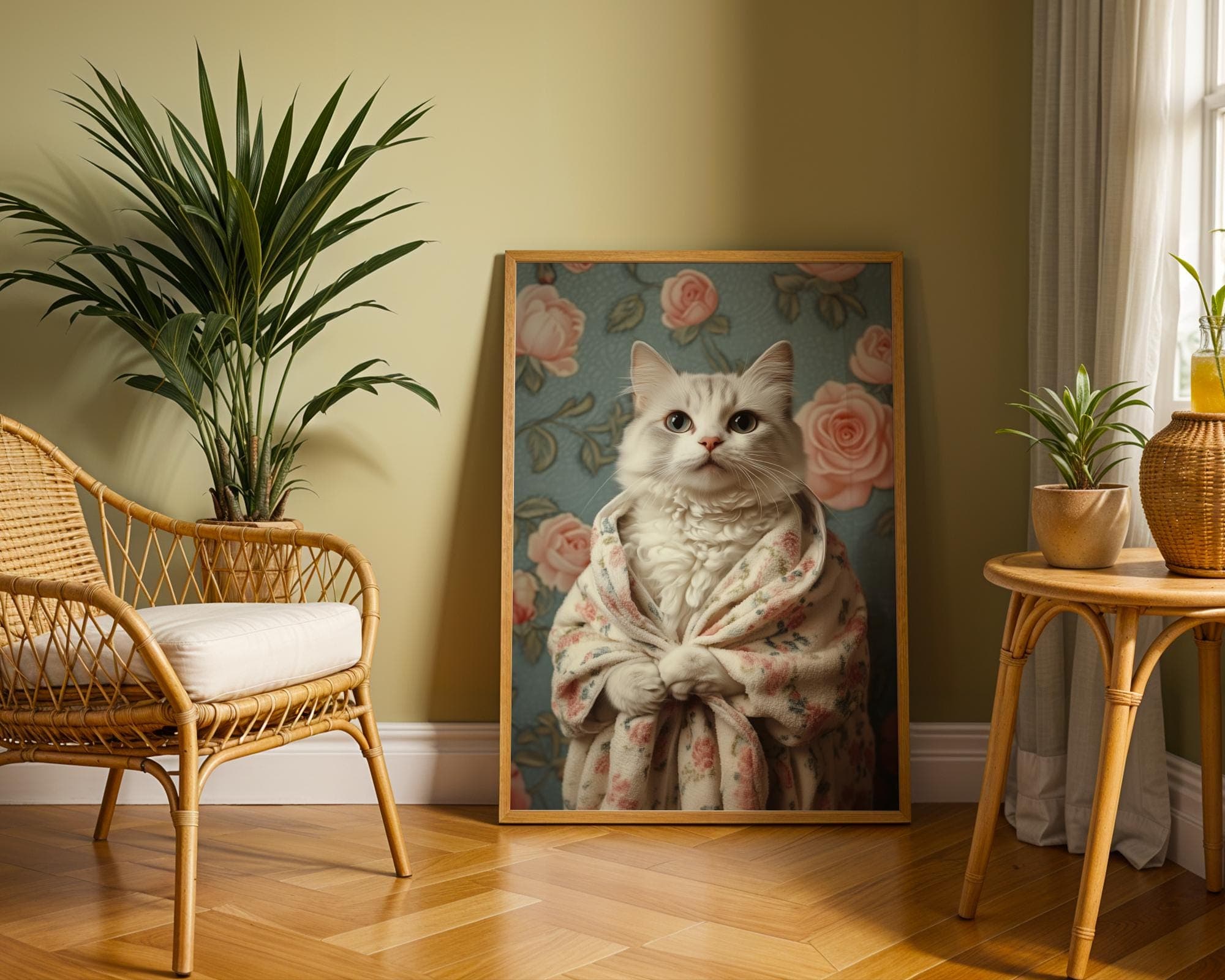 Tabby Cat in Bathrobe DIGITAL DOWNLOAD, Cat PRINTABLE Wall Art, Fluffy White Cat Wall Art - Vintage Floral Digital Print, Cute Cat Wall Art - view 6