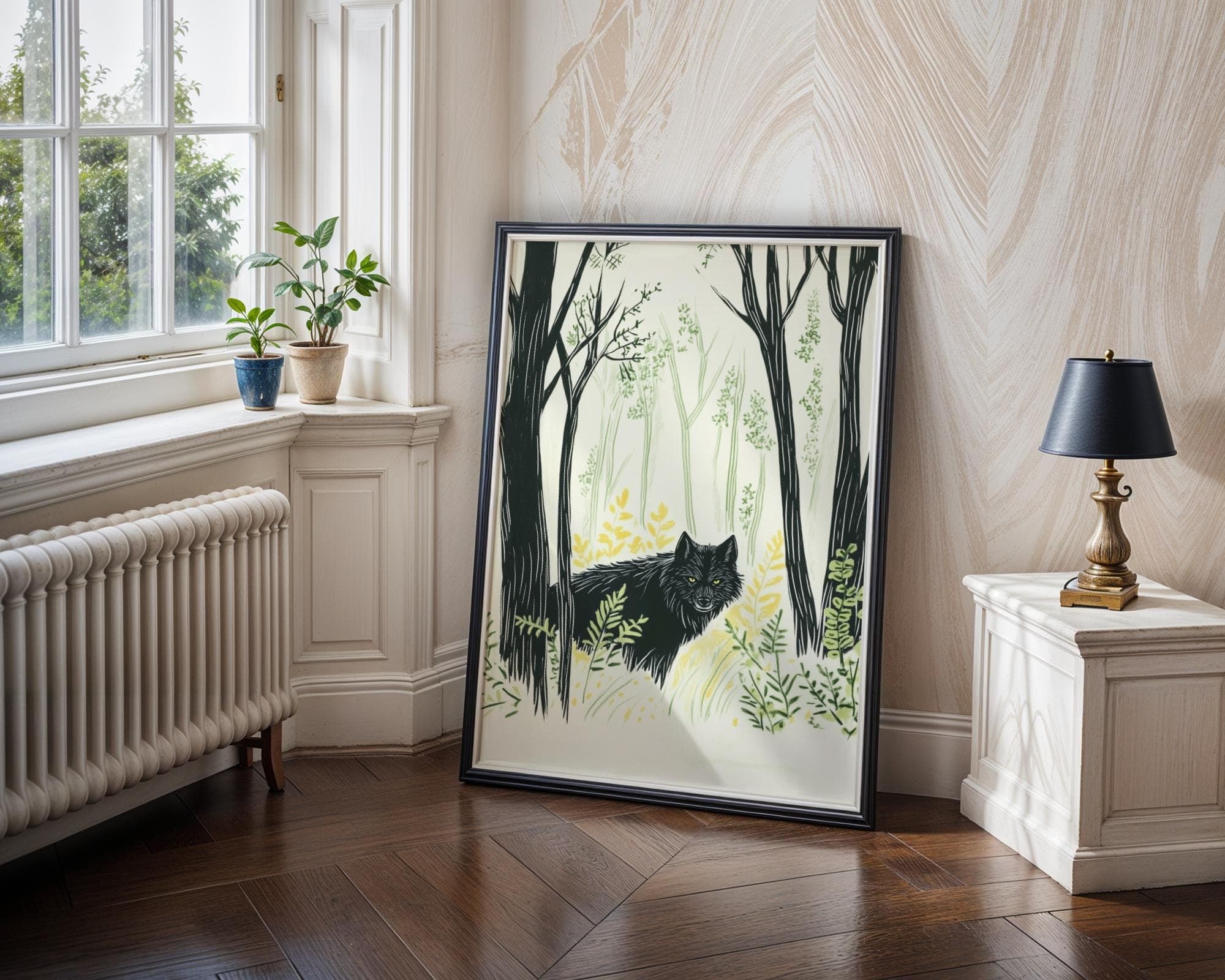 Mystical Black Wolf Wall Art, Rustic Black Wolf Painting, Forest Animal Print for Nature Lovers, Wildlife Art, Digital Download, Wolf Poster - view 2
