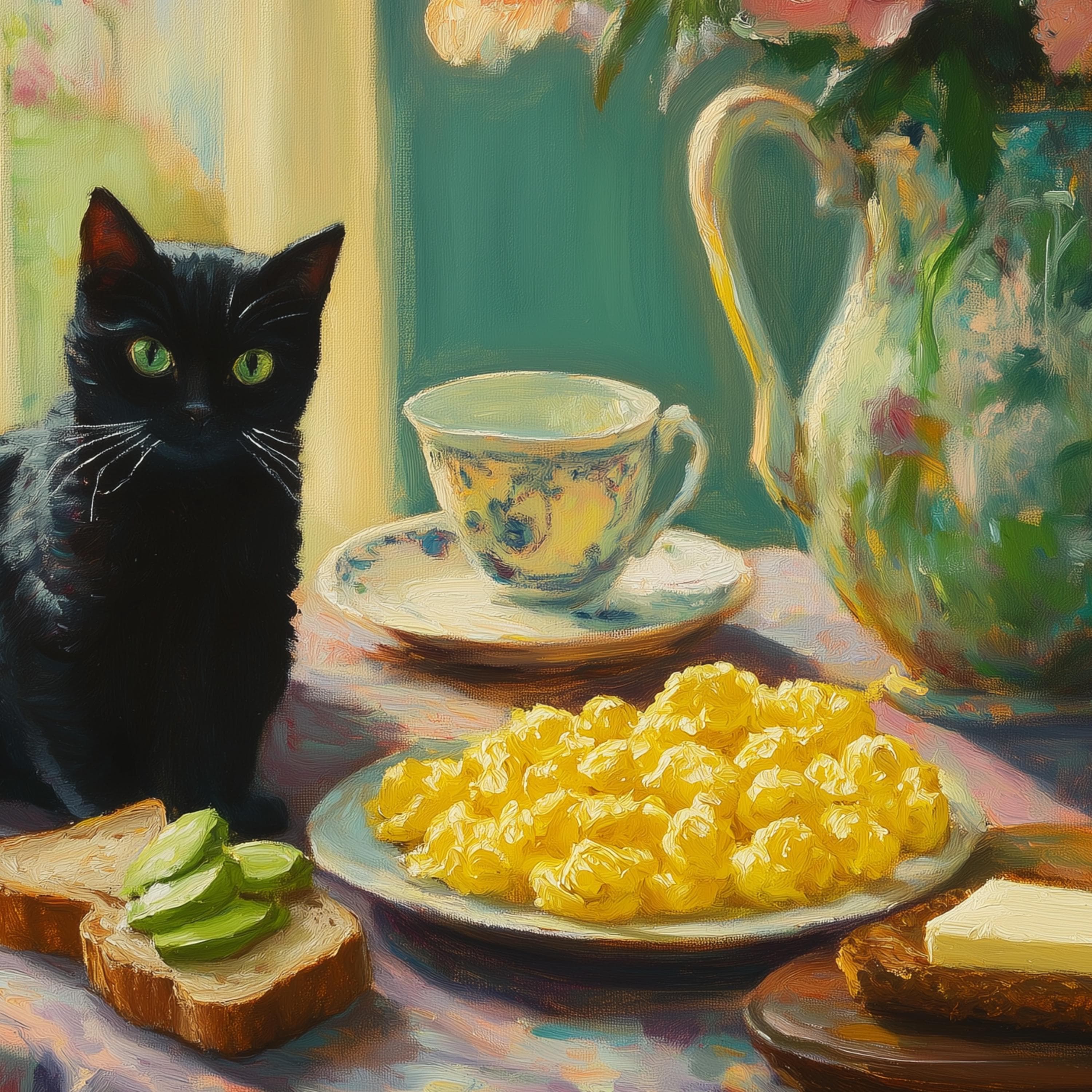 Vintage Kitchen Art, Black Cat Oil Painting, Maximalist Kitchen Decor, Quirky Black Cat Art, Digital Printable Arts, Kitchen Black Cat Decor - view 2