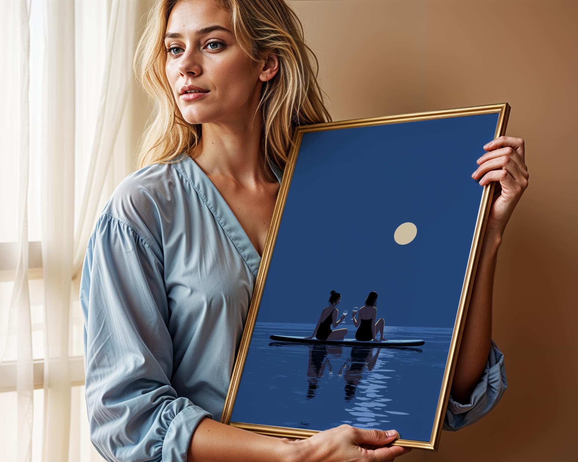 Moonlight Paddle Board Wall Art, Friendship Ocean Night Print, Romantic Full Moon Poster, Full Moon Beach Art Print,Blue Coastal Night Print - view 3