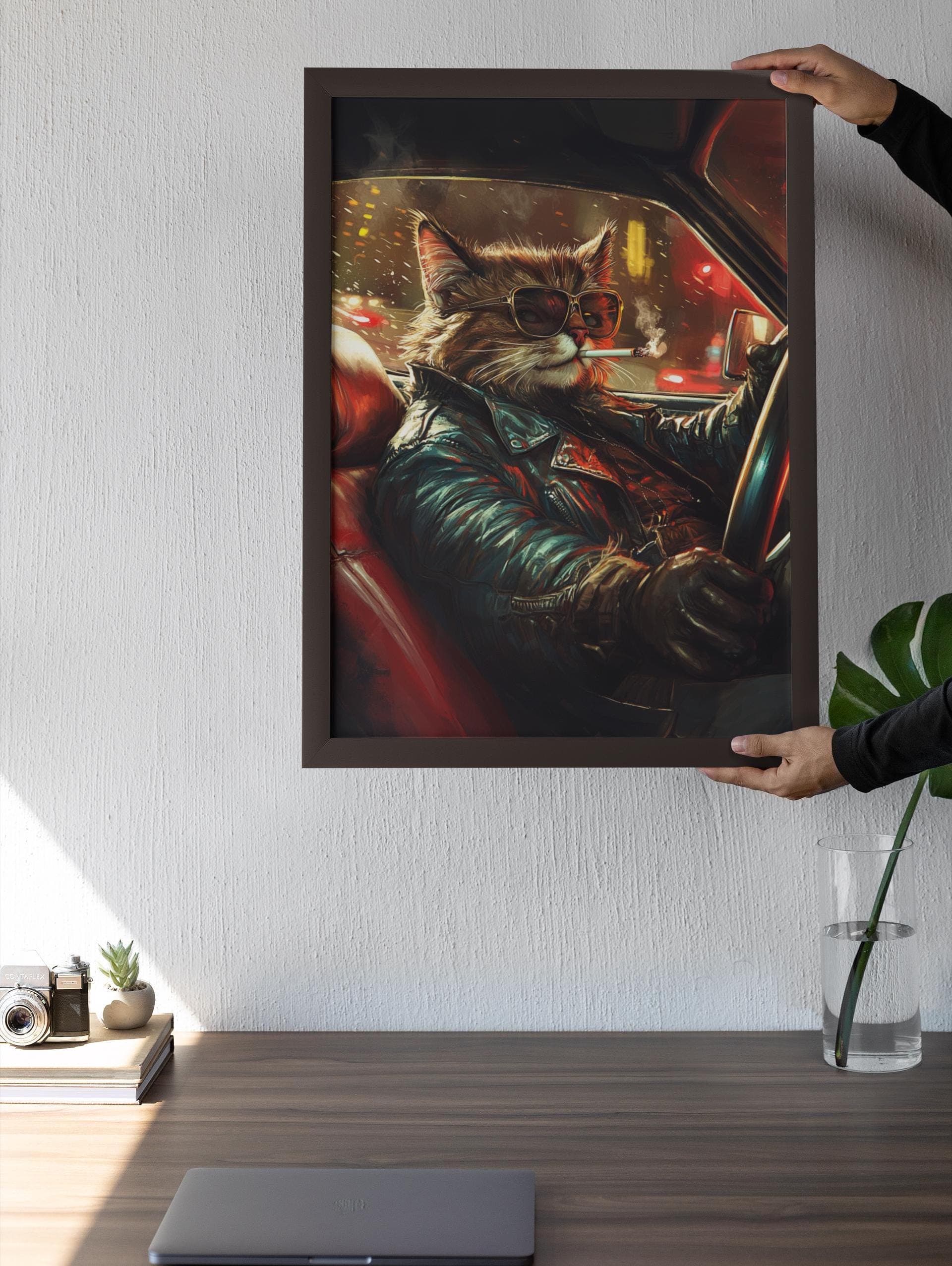 Retro Cool Cat Leather Jacket Print, Driving Car Wall Art (Digital Download) - view 4
