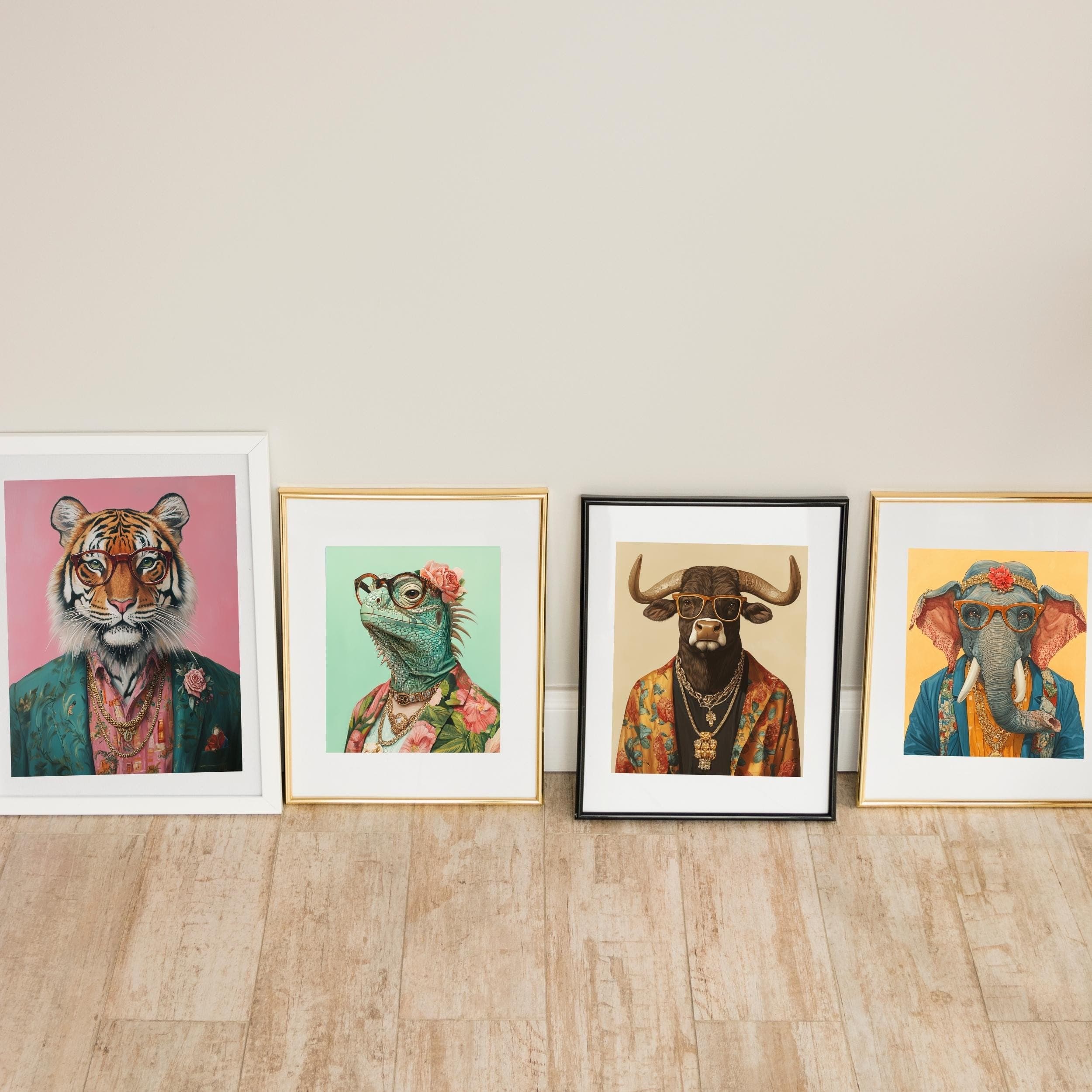 Funky Fashion Animal Print Set, Dopamine Aesthetic, Maximalist Decor, Pink Yellow Lion Tiger Painting, Preppy Print, Art Digital Download - view 6