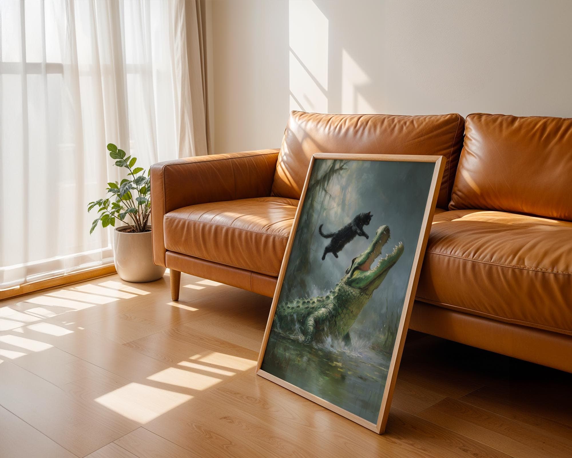 Fearless Cat vs Alligator ā Fantasy Wildlife Wall Art, Heroic Cat Scene, Funny Black Cat Decor, Dramatic Digital Oil Style Wildlife Painting - view 5