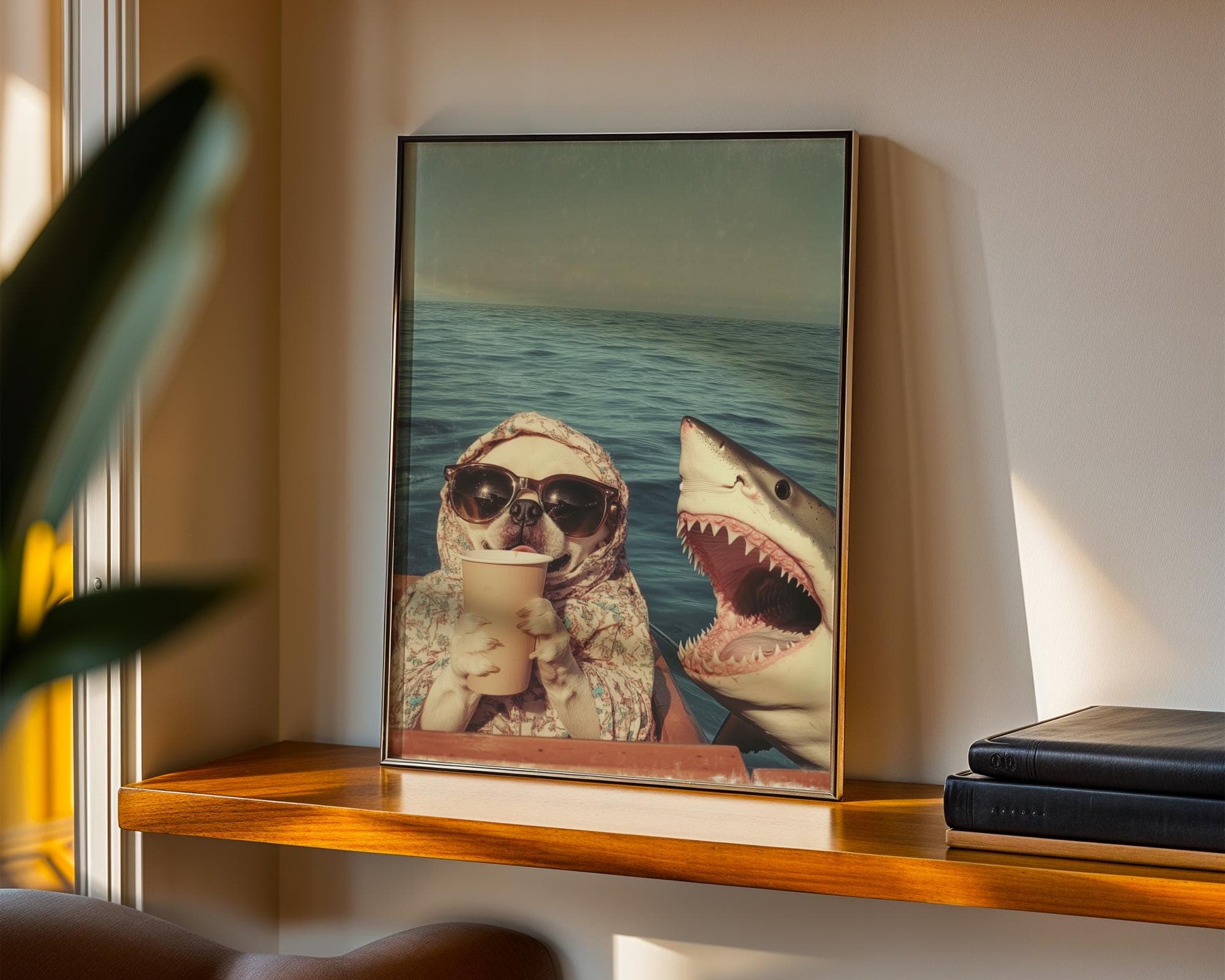 Funny Pug and Shark Wall Art, Funny Animal Art, Quirky Art Print, Quirky Pug Poster, Maximalist Pug Wall Art, Humorous Poster, Digital Art - view 2