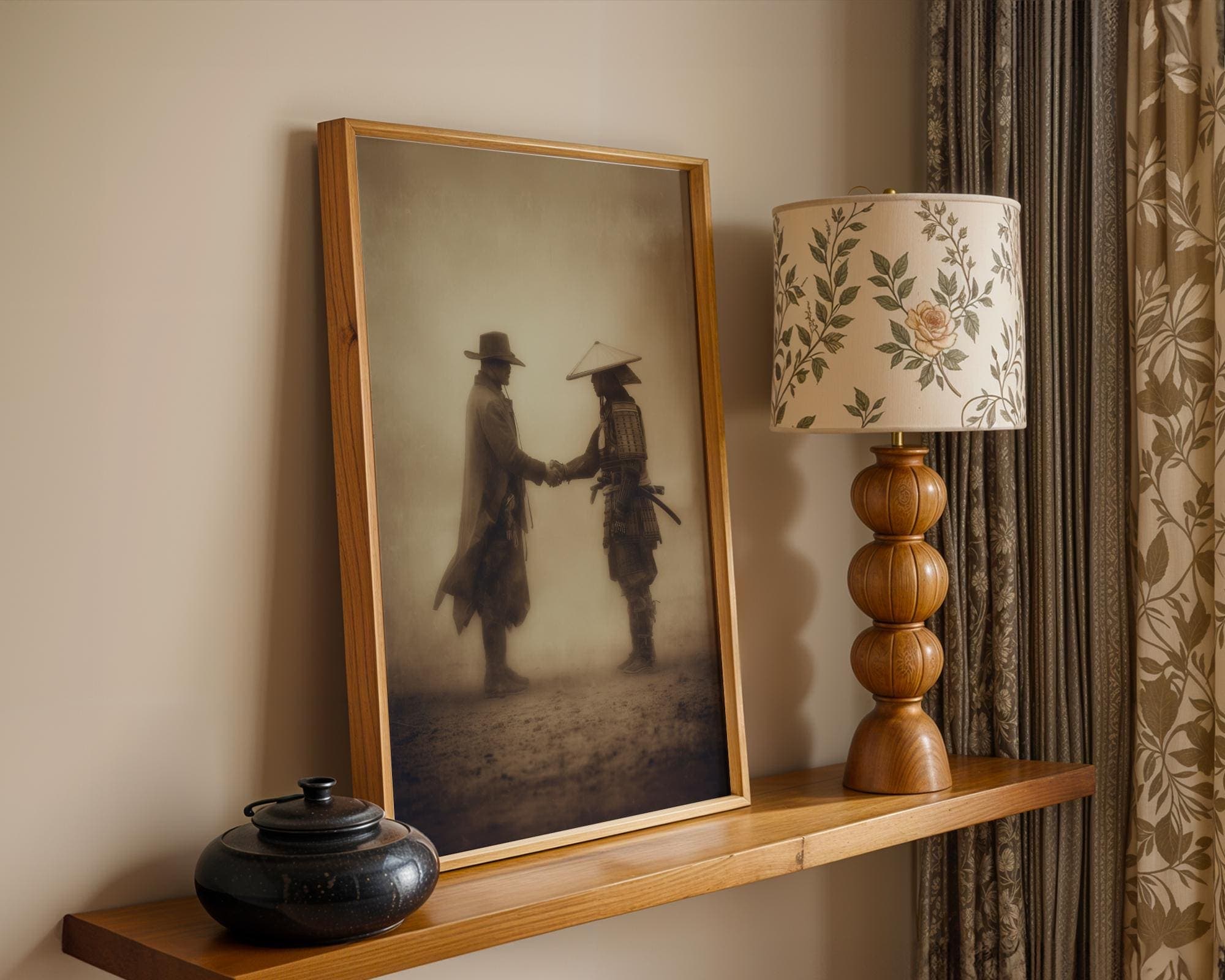 Epic Cowboy and Samurai Poster – Vintage Sepia Tone Art Print, East Meets West Poster, Cowboy and Samurai Peace Deal, Cowboy and Samurai Art - view 2