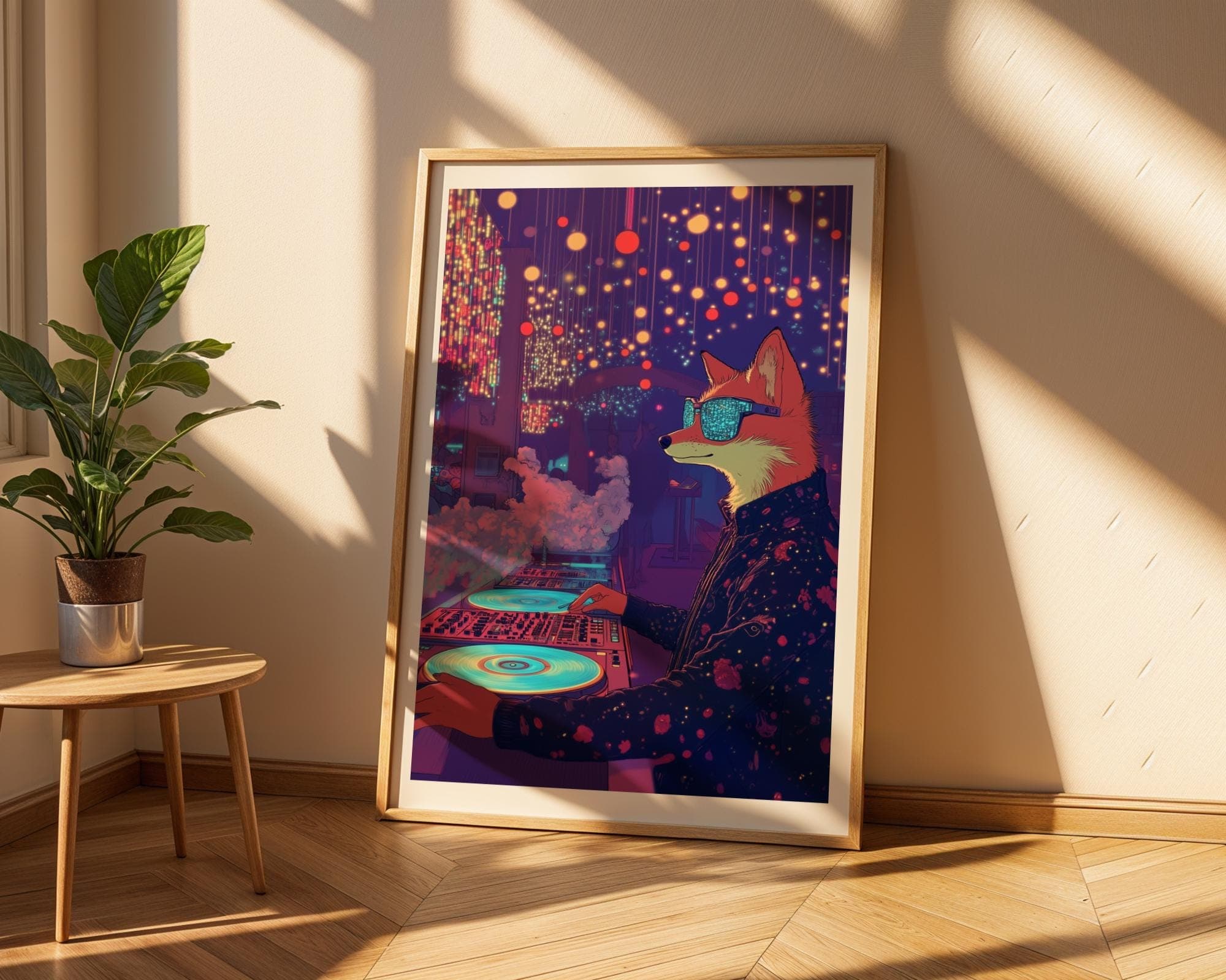 Neon Fox DJ Artwork, Psychedelic Cyberpunk Print, Retro Wave Home Decor, Neon Nightclub Aesthetic Print, Digital Download, Cool Animal Print - view 3