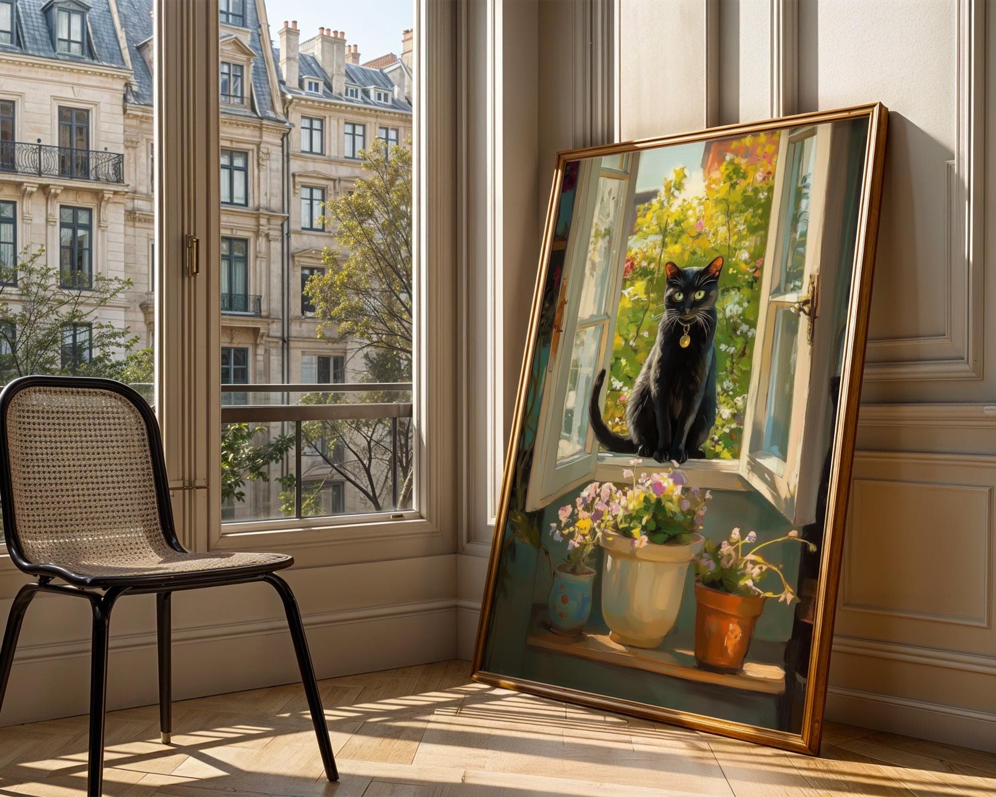 Black Cat and Flowers Poster, Cottagecore Window Art, Black Cat Oil Painting, Quirky Cat Poster, Black Cat on Window Print Funny Poster - view 6