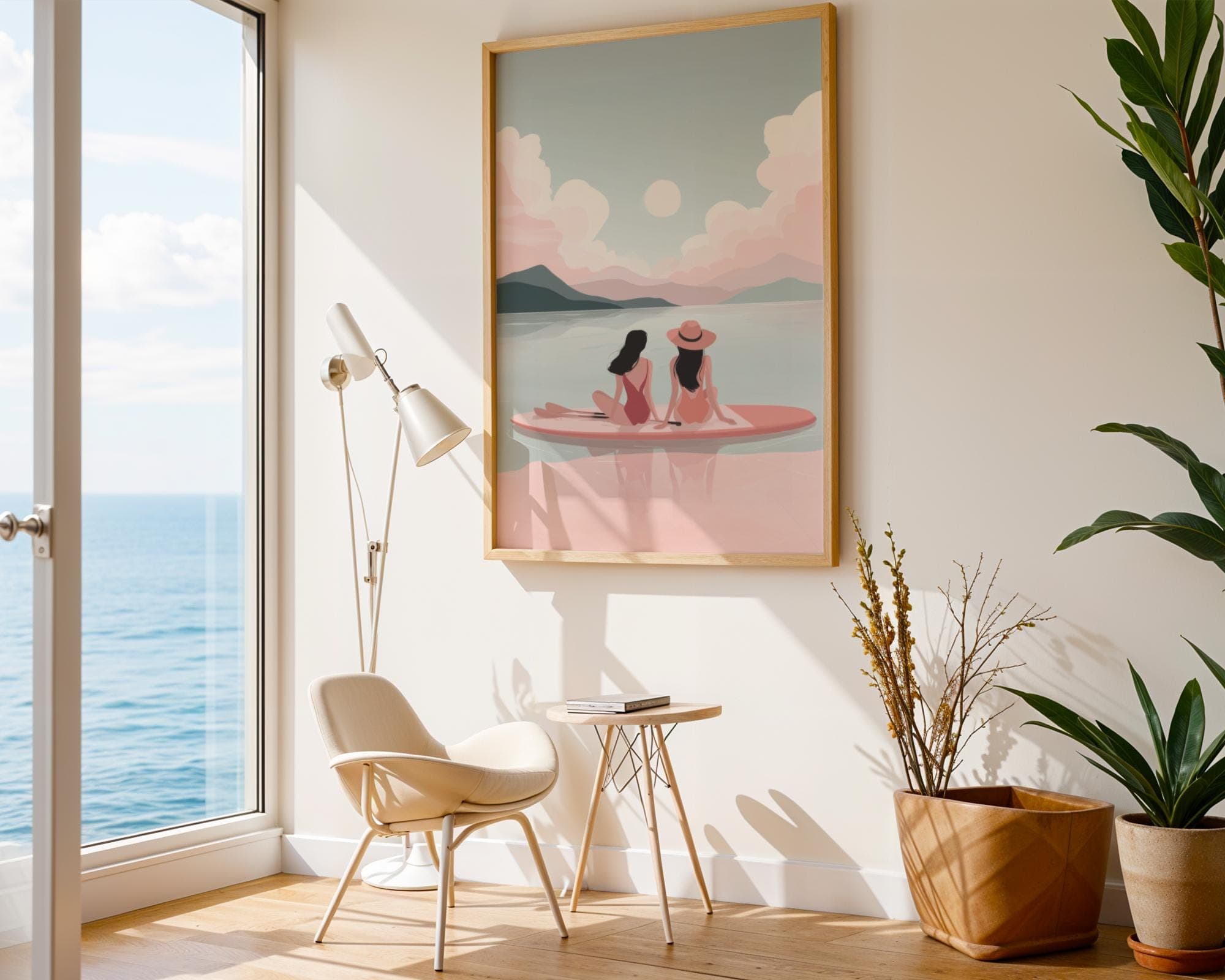 Sunset Paddle Board Wall Art – Pastel Coastal Print for Beach Decor, Minimalist Beach Print with Two Women, Soft Pink Ocean Paddleboard Art - view 5