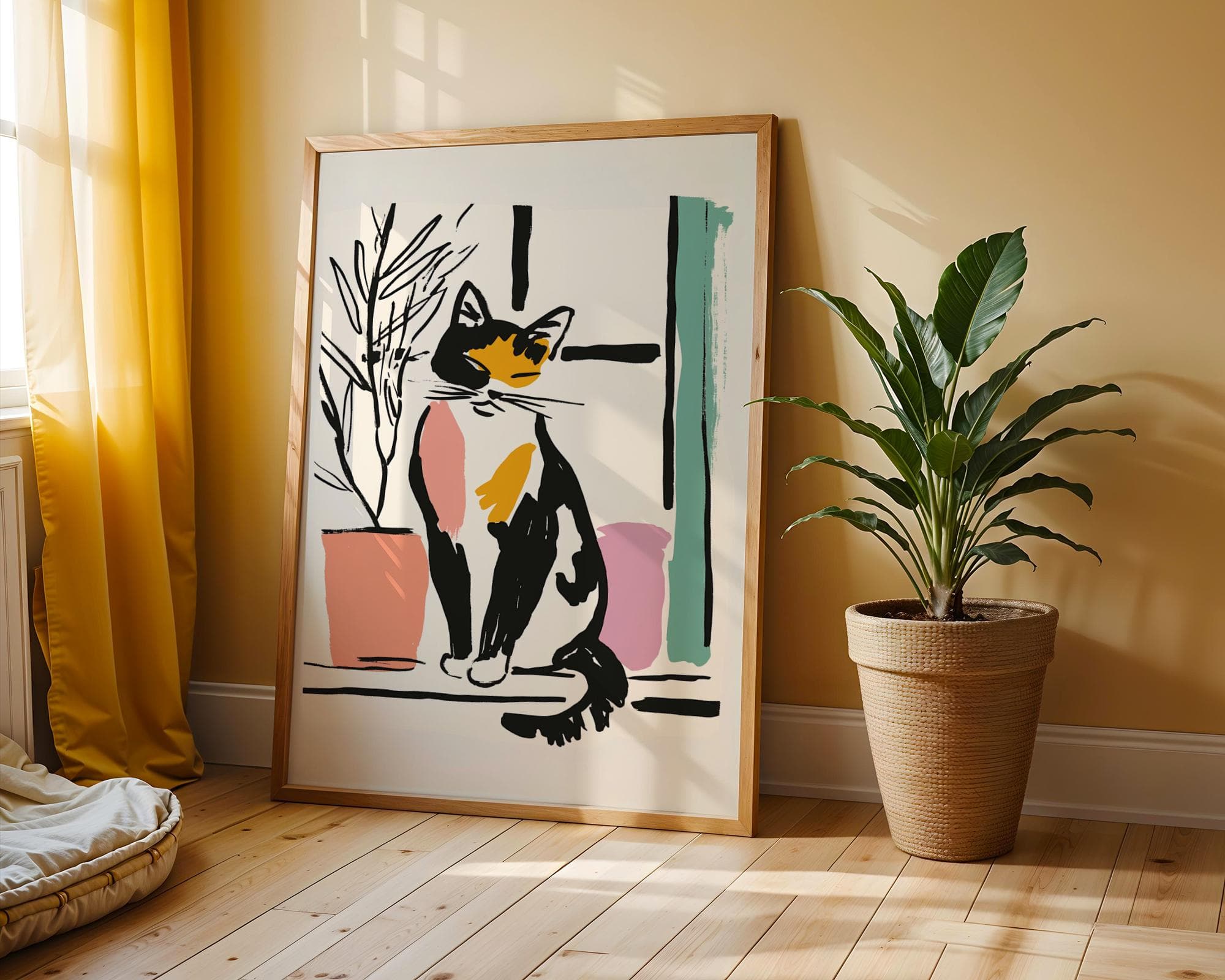 Calico Kitty in Window Art Print, Modern Calico Cat Poster, Line Art Cat Print, Colorful Cat Line Art, Minimal Boho Cat Wall Art, Cat Poster - view 4