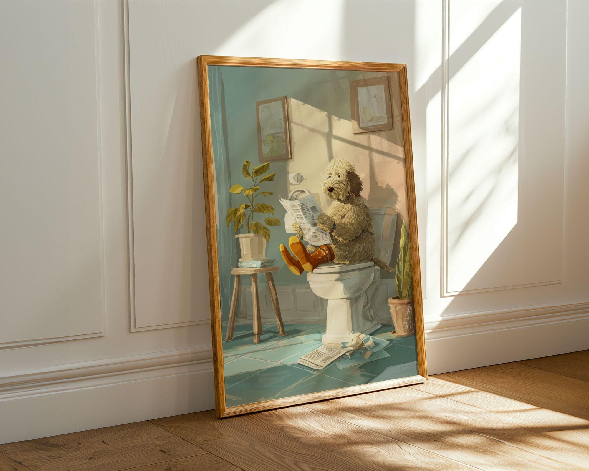 Funny Bathroom Dog Wall Art Print, Whimsical Poodle Reading Newspaper on Toilet, Funny Bathroom Dog Poster Print, Quirky Bathroom Poster - view 4