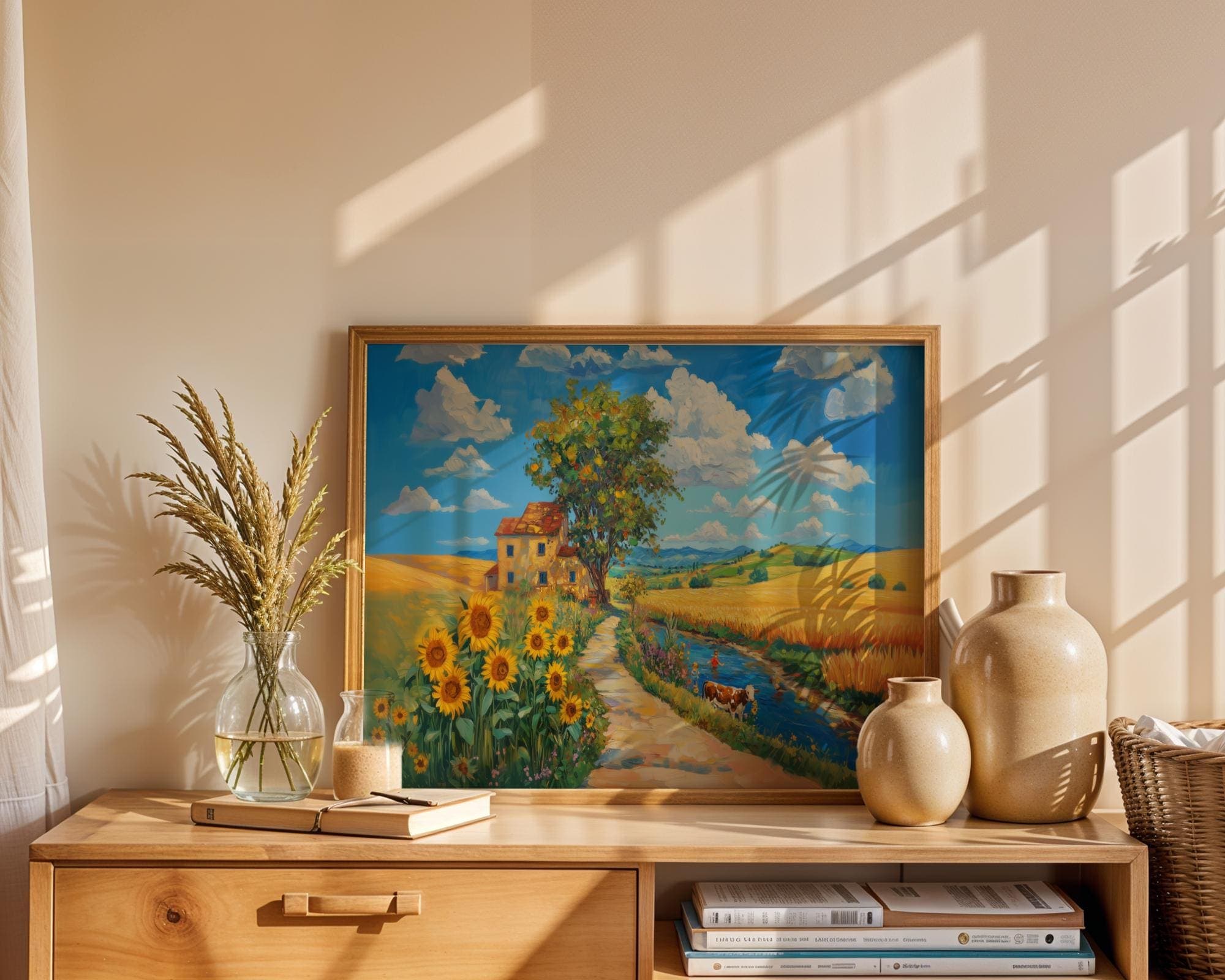 Sunflower Field Country Landscape Wall Art, River and Cow Summer Painting, Rustic Farmhouse Print for Kitchen or Cottage Style Decor - view 5