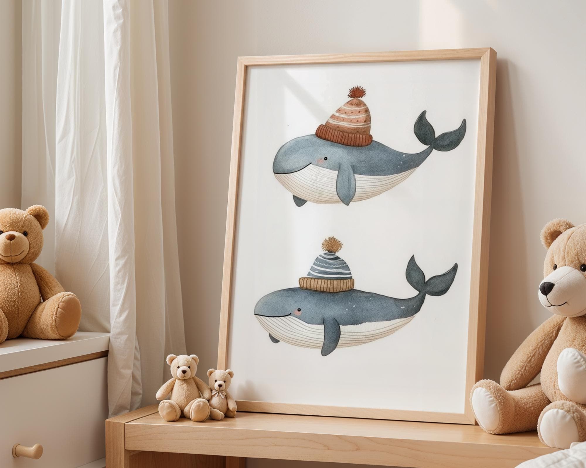 Watercolor Whale Wall Art - Nursery Room Decor for Kids, Cute Whale Print with Hats, Ocean Animal Kids Wall Art, Adorable Nursery Decor - view 2