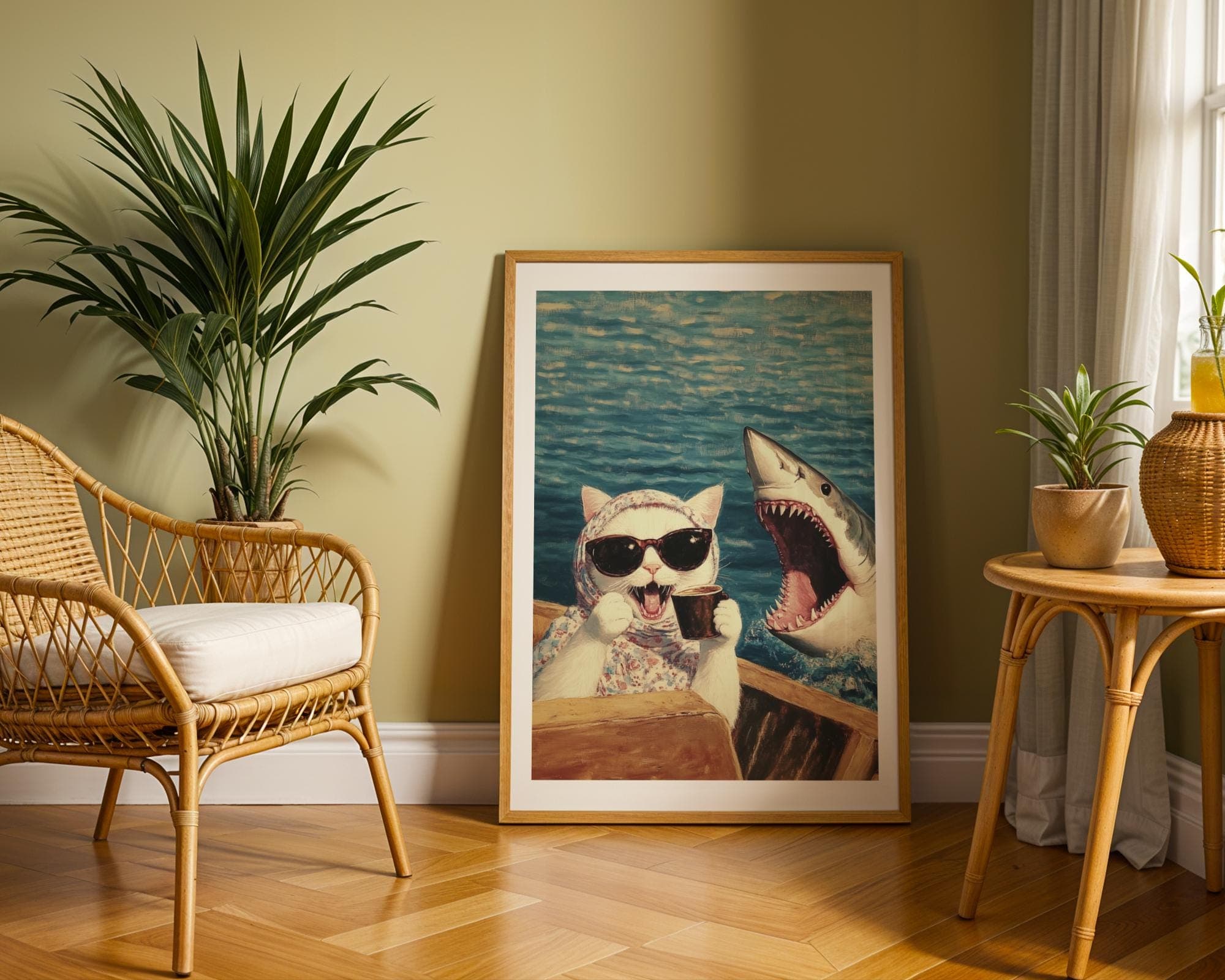 Funny Cat and Shark Wall Art, Funny Animal Art, Quirky Art Print, Quirky Cat Poster, Maximalist Cat Wall Art, Humorous Poster, Digital Art - view 4