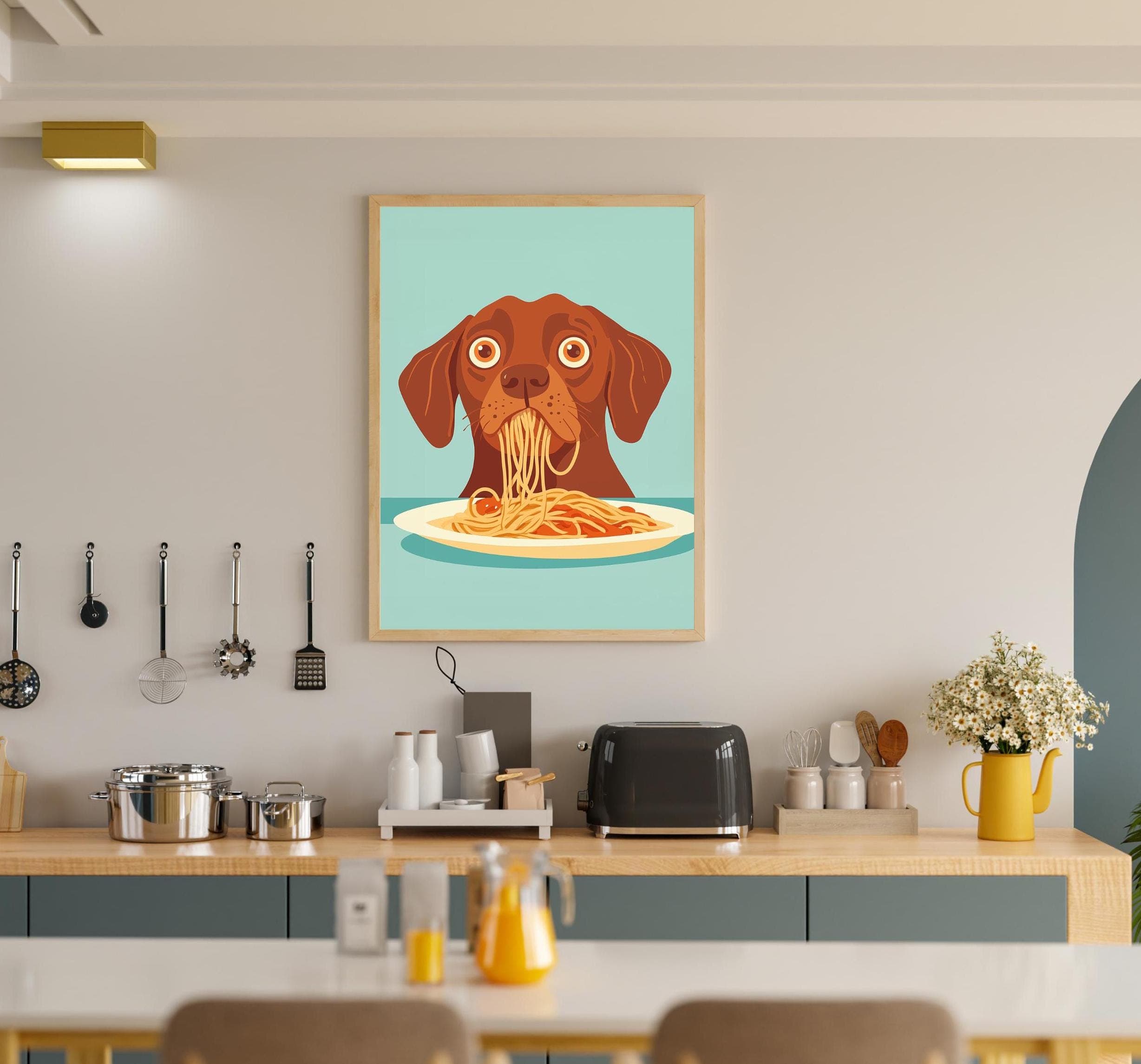 Brown Dog Spaghetti Art Print, Whimsical Dog Kitchen Decor, Brown Dog Pasta Print, Charming Dog Kitchen Print, Maximalist Dog Art, Dog Art - view 2