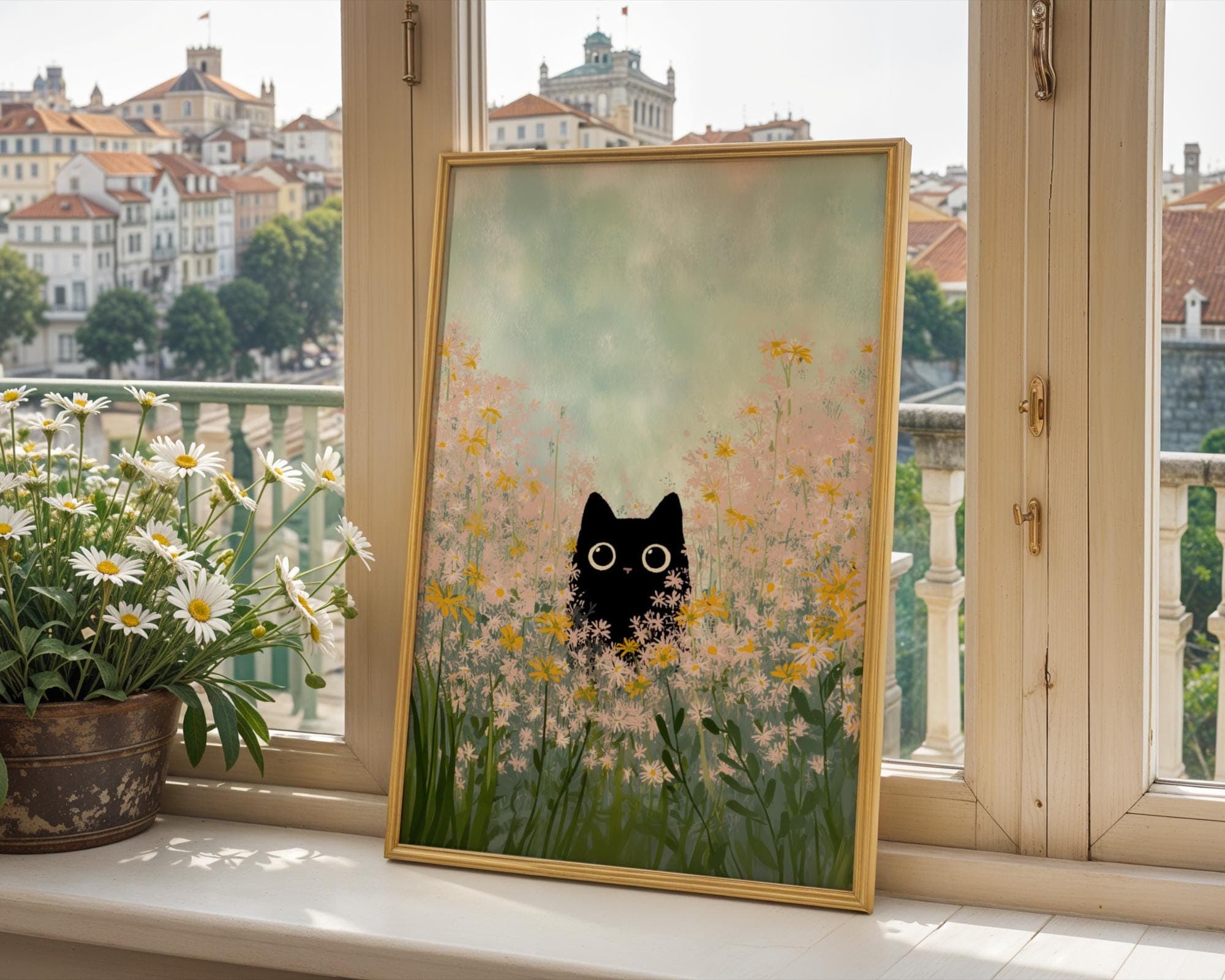 Black Cat Wall Art, Whimsical Cat in Floral Field, Kawaii Black Cat Art Print, Digital Download, Cute Black Cat Art, Whimsical Animal Art - view 3