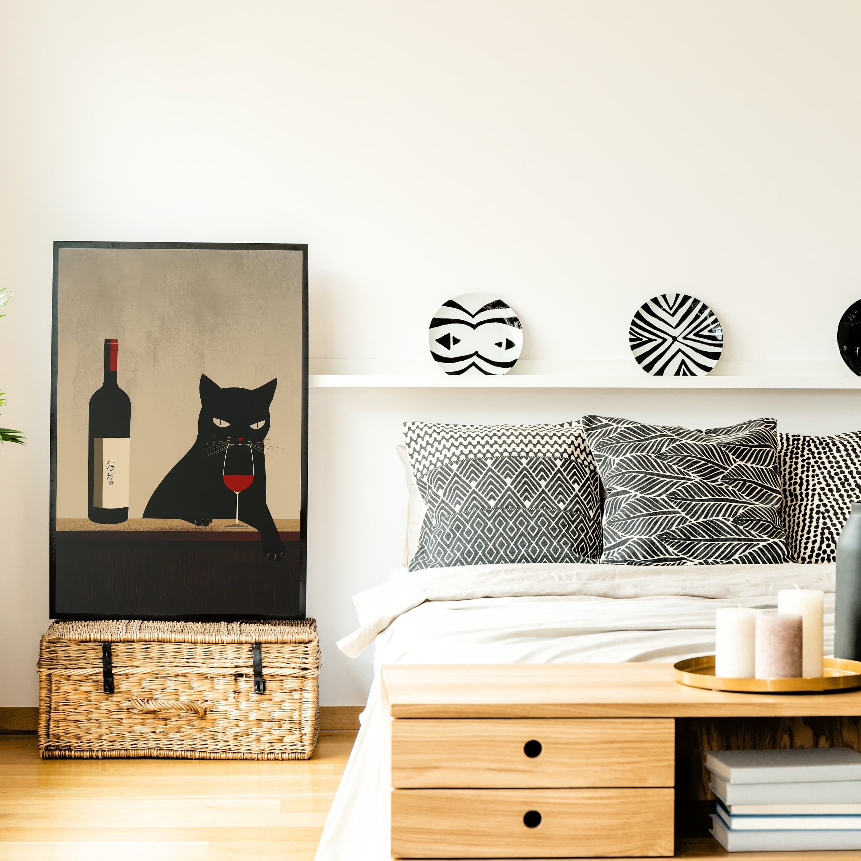 Black Cat Wine Poster, Cat Drinking Wine Art Print, Wine Cat Art Prints, International Cat Day, Cat with Red Wine, Wine Cat illustration - view 5