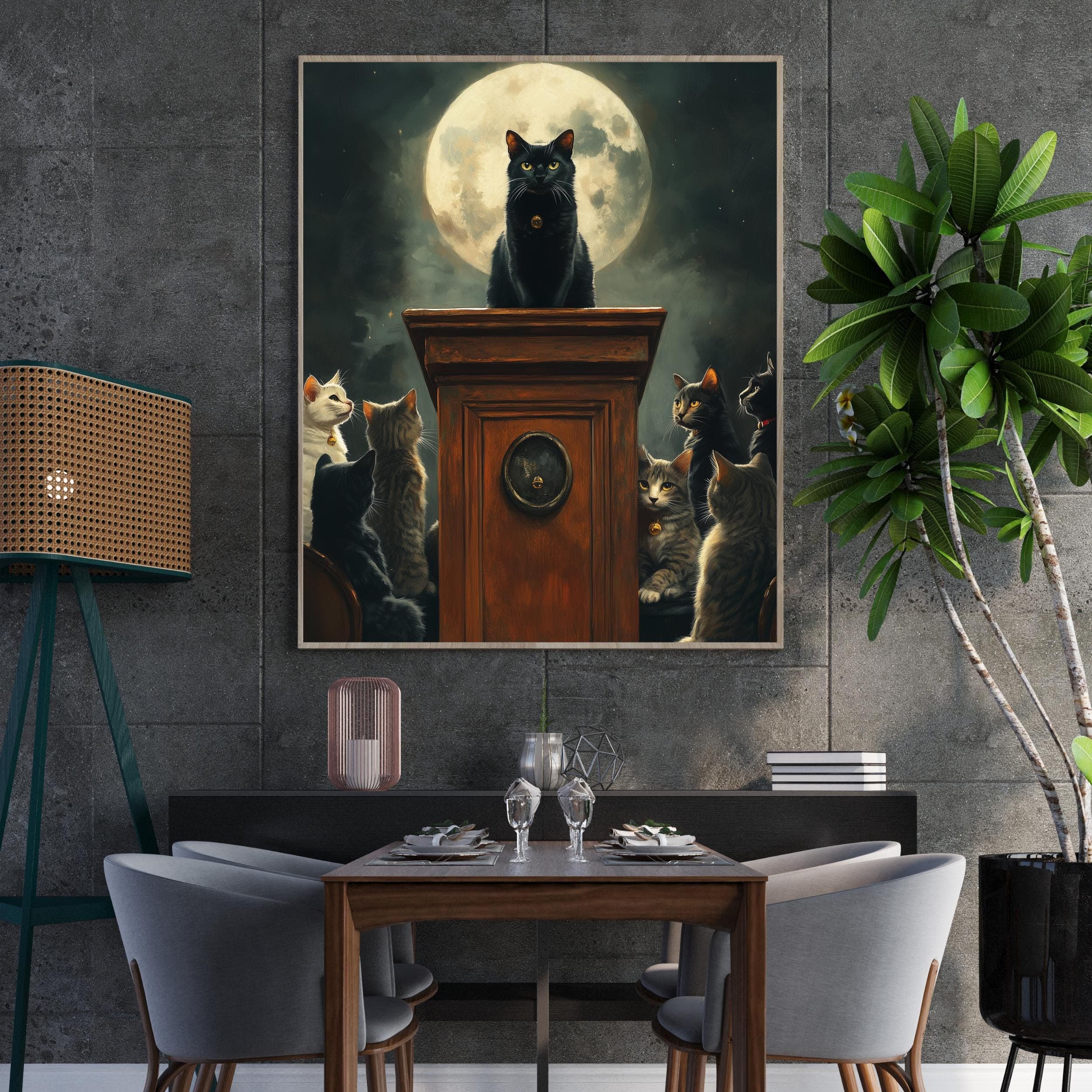 Full Moon Cat Illustration, Whimsical Cat Gathering Art, Black Cat and Moon Poster, Black Cat Leader Poster, Mysterious Black Cat Poster - view 6