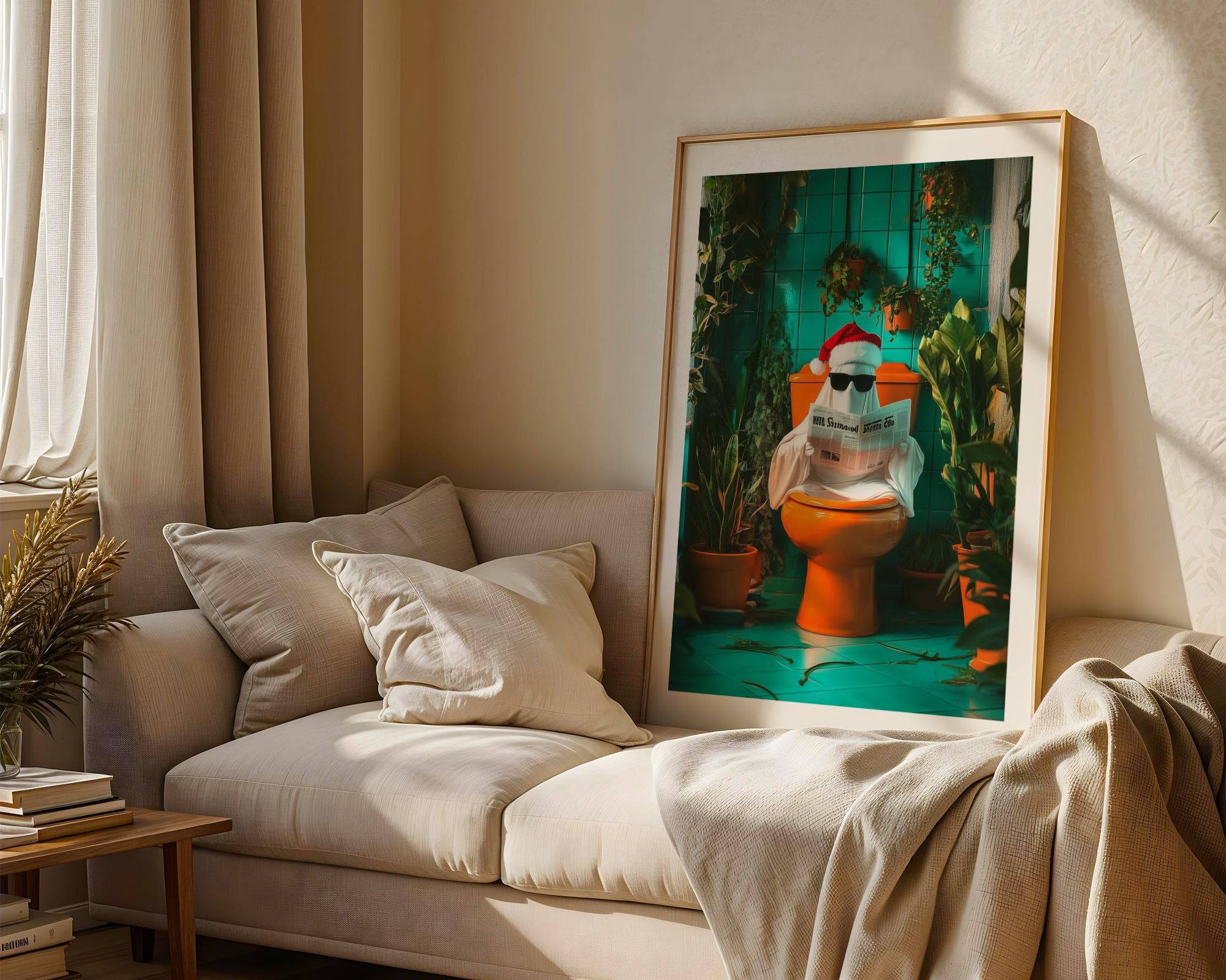 Funny Ghost Bathroom Art, Funny Ghost on Toilet, Funny Bathroom Decor, Retro Orange Toilet Art - Funky Bathroom Decor, Quirky Toilet Print - view 5