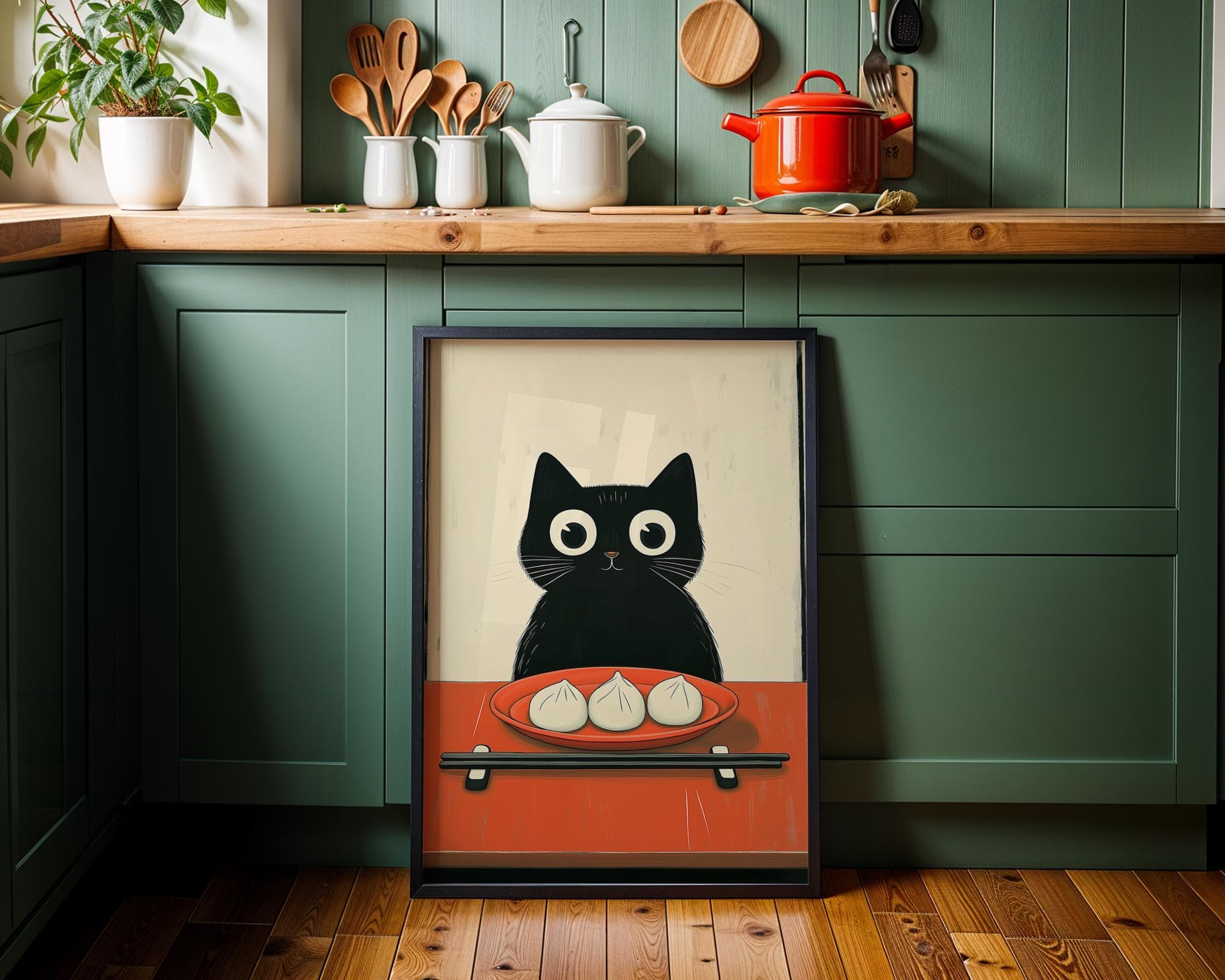 Japan Cat Illustration Print, Cute Kitchen Decor, Cat Poster, Wall Art, Printable, Minimalist Art Print, Cute Food Wall Art, Dumpling Art - view 4
