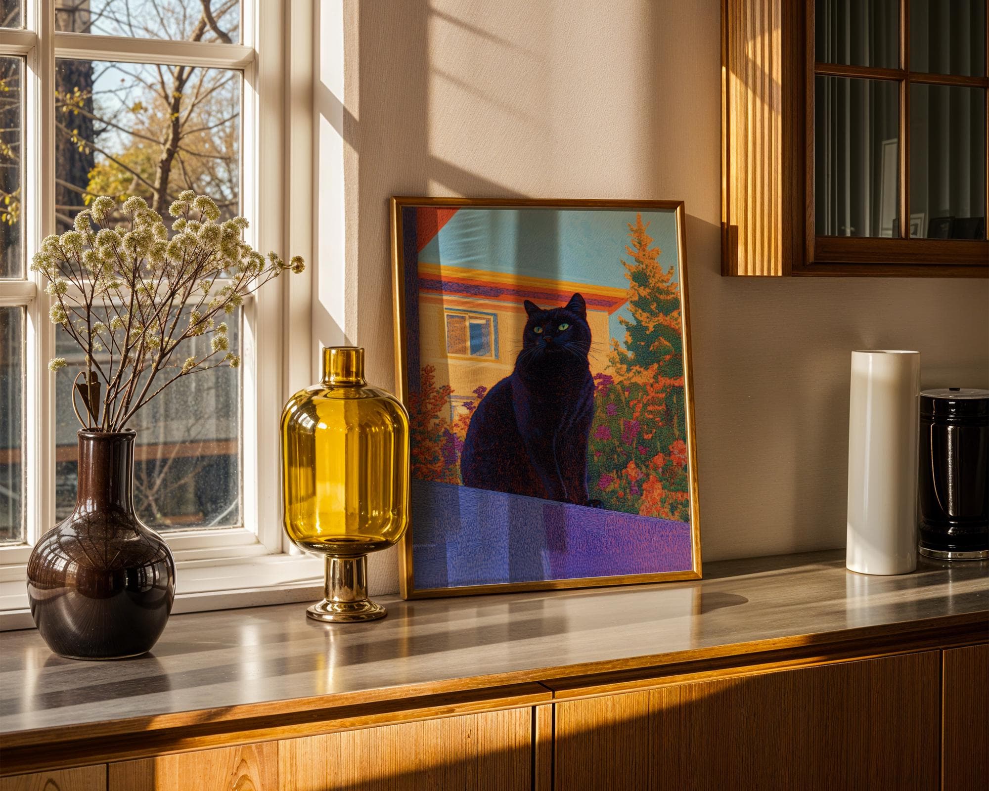 Retro Black Cat on Balcony Art, Unique Wall Art, Retro Wall Poster, Retro-Style Black Cat Painting, Quirky Cat Poster, Printable Black Cat - view 3