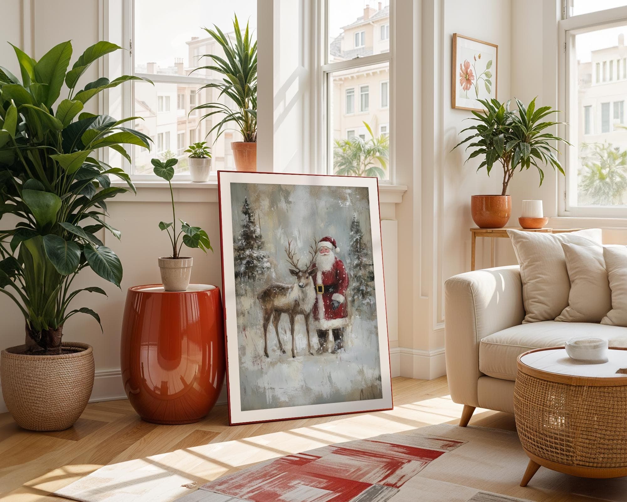 Santa Claus Reindeer Wall Art Print, Forest Snowfall in Winter Printable, Christmas Home Decor, Digital Download, Holiday Home Improvement - view 4