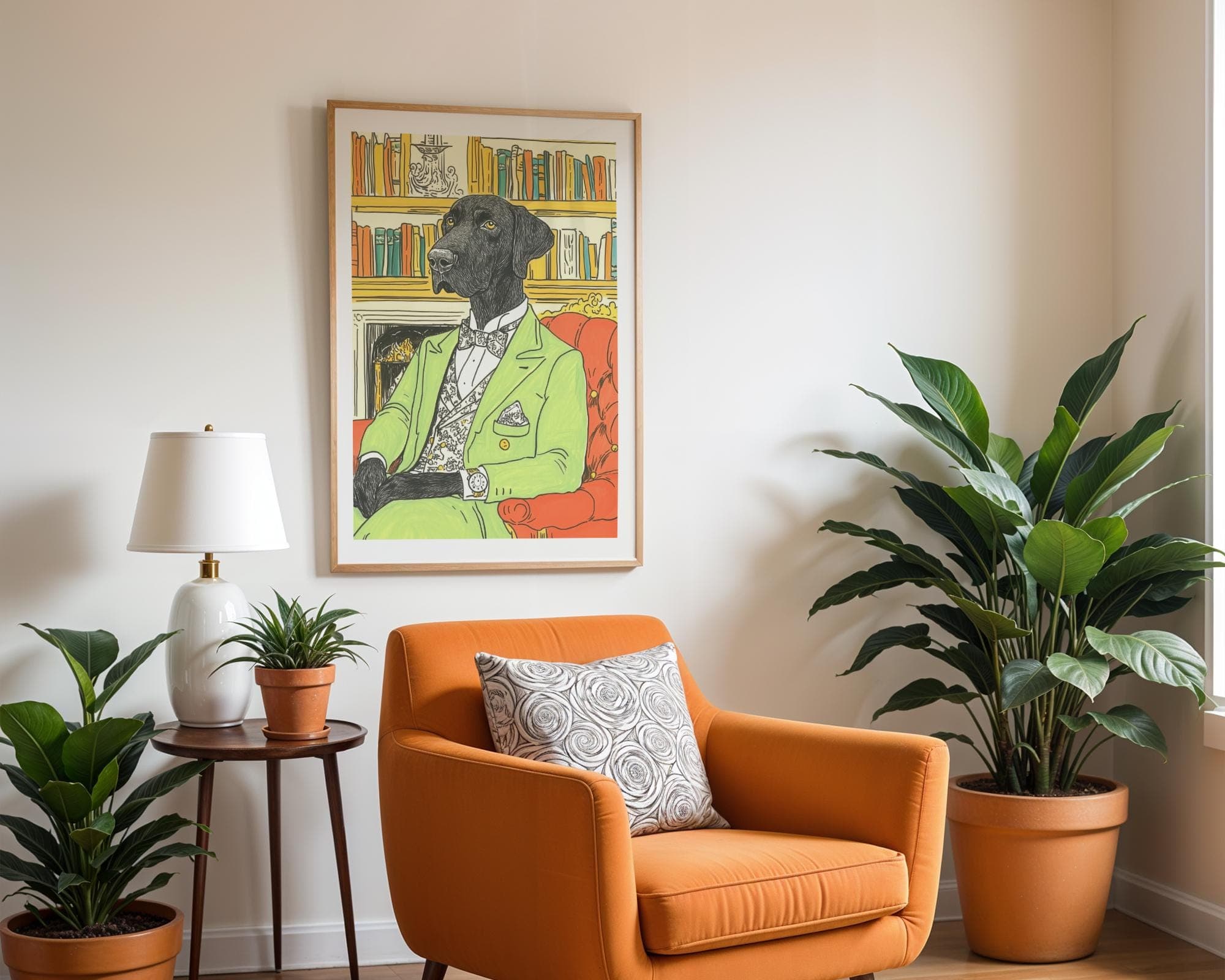 Whimsical Dog Wall Art, Stylish Labrador in Library, Unique Home Decor, Gentleman Dog Print, Maximalist Animal Decor, Preppy Dog Print - view 4