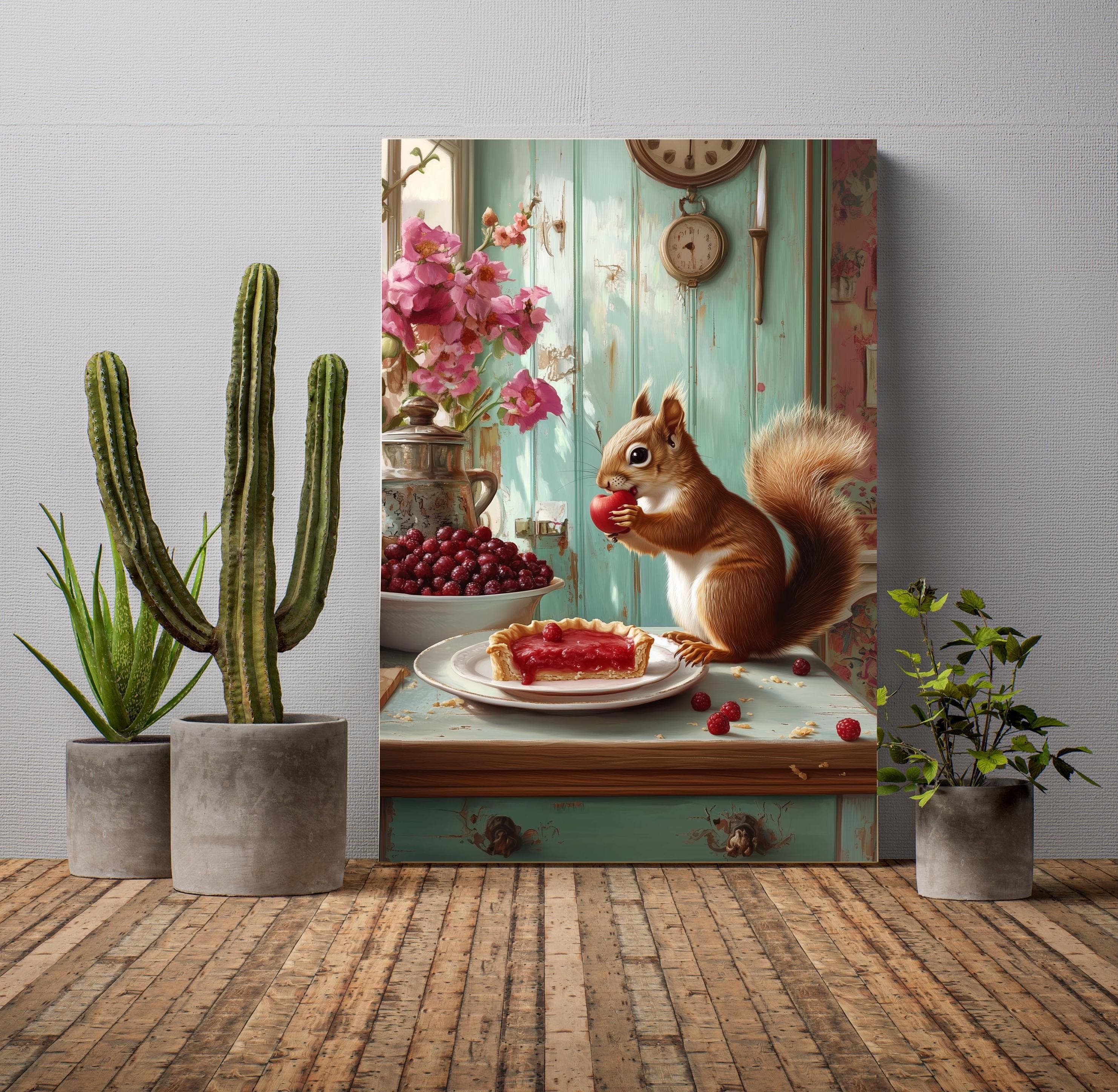 Whimsical squirrel with raspberry tart poster | Vintage kitchen art | Cute woodland animal painting, Rustic kitchen wall art, Kitchen Decor - view 5