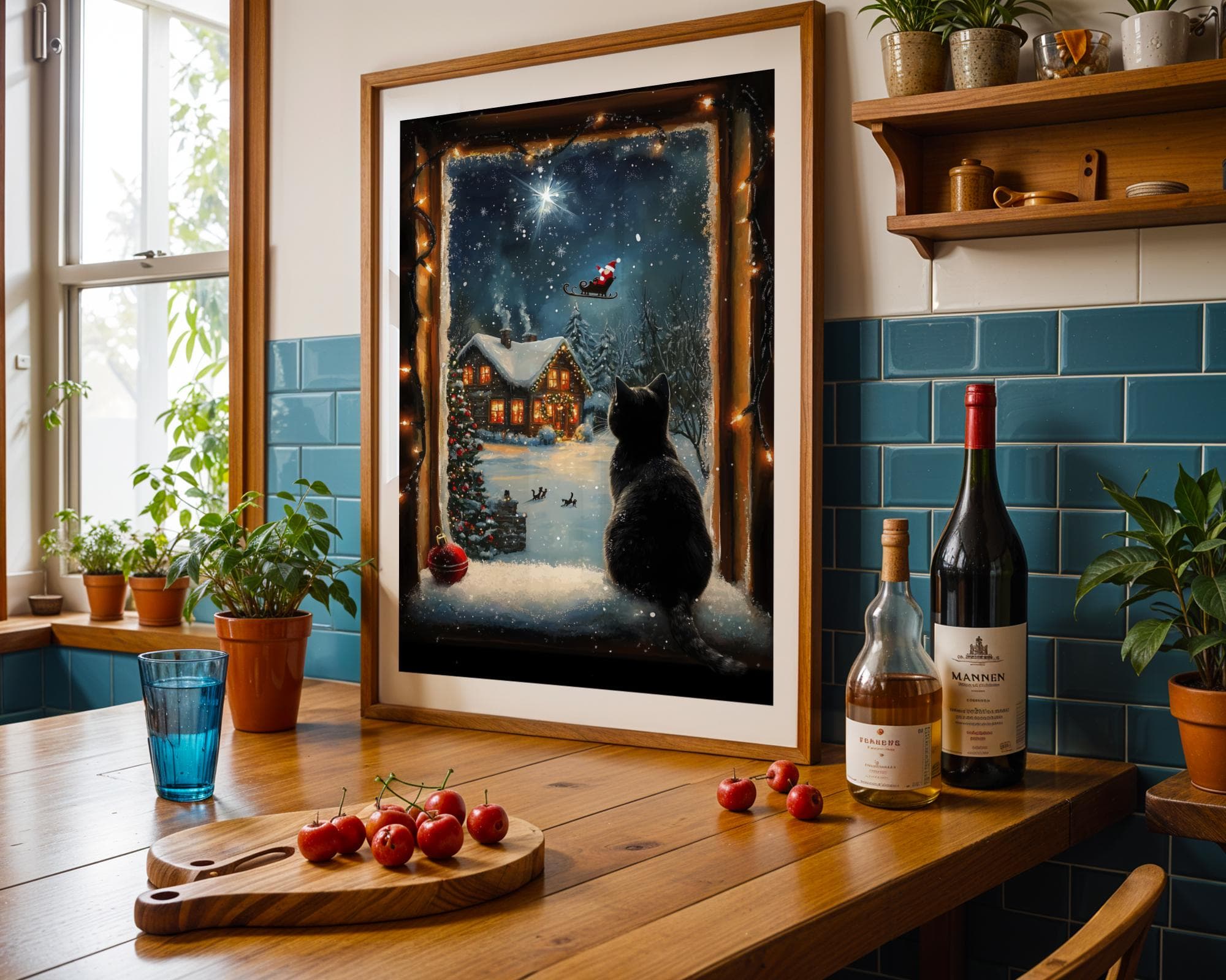 Black Cat Christmas Art Print: Santa, Snowy Cabin (Digital Download) - view 5