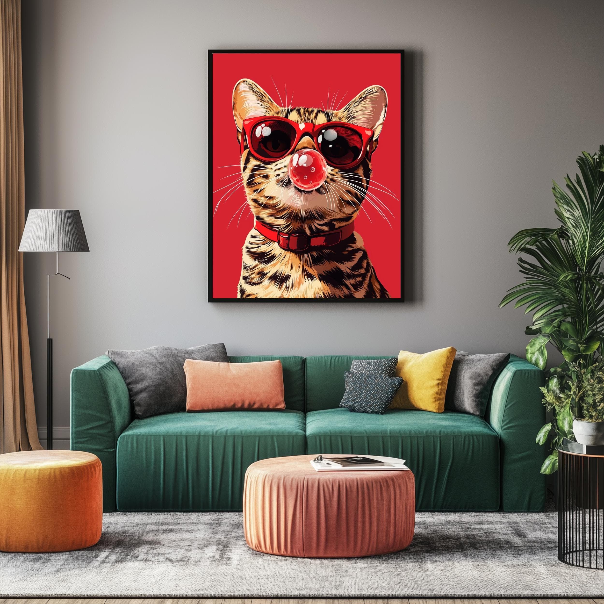 Pop Art Cat with Bubblegum Print, Cool Cat Digital Download, Quirky Red Background Digital Illustration, Trendy Bubblegum Cat Digital Art - view 5