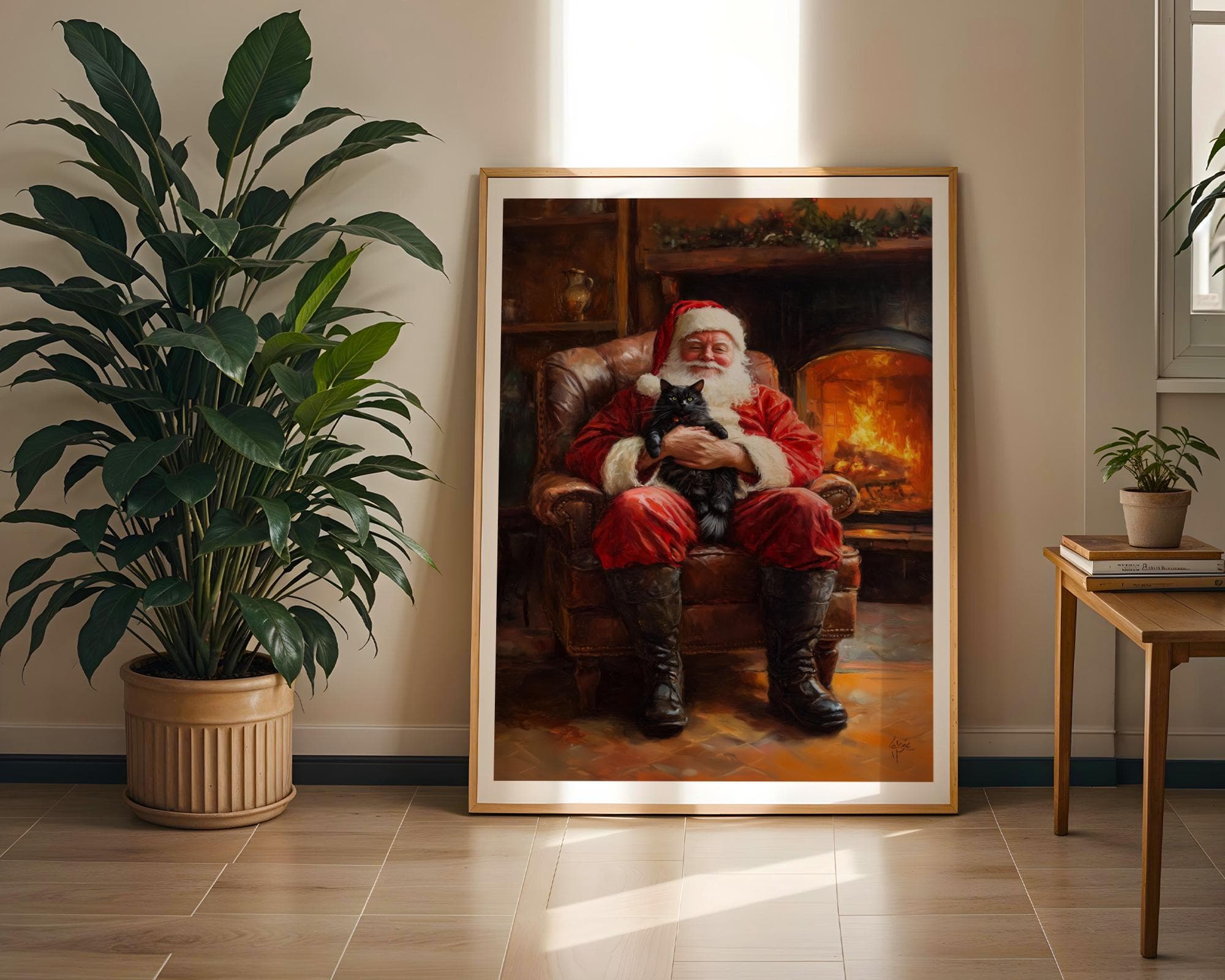 Santa Claus with Black Cat - Cozy Christmas Wall Art Print, Rustic Christmas Art, Warm Christmas Wall Art, Christmas Wall Decor, Digital Art - view 6