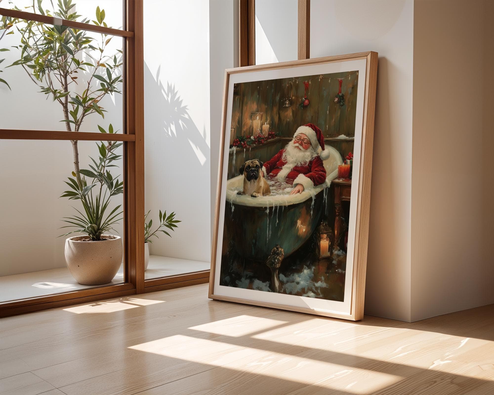 Santa Relaxing in Bathtub with Pug Christmas Art Print, Funny Santa Poster for Bathroom Wall, Maximalist Christmas Home Decor, Santa Pug Art - view 4