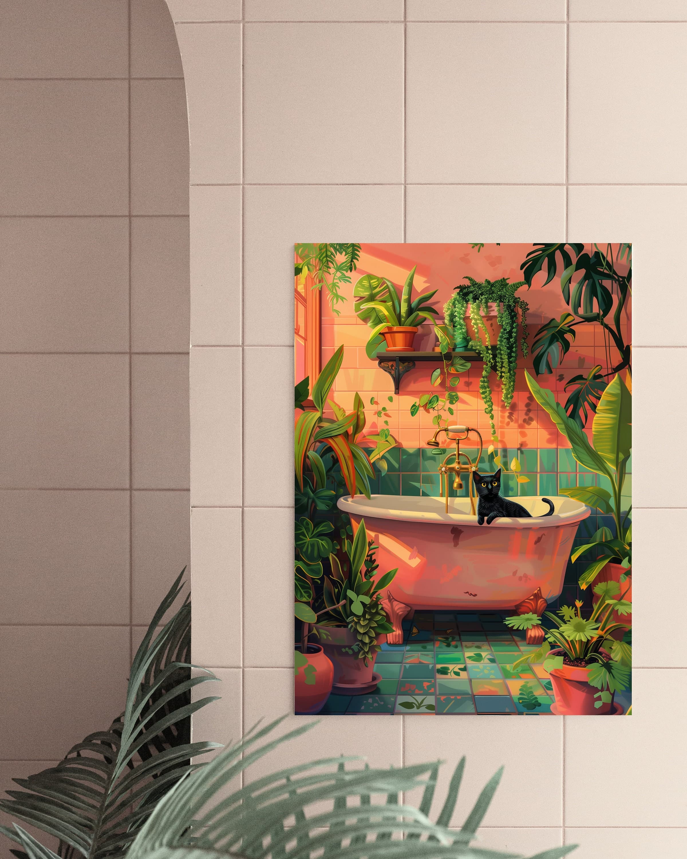 Black Cat in Bathtub Art Print, Tropical Bathroom Decor (Digital Download) - view 6