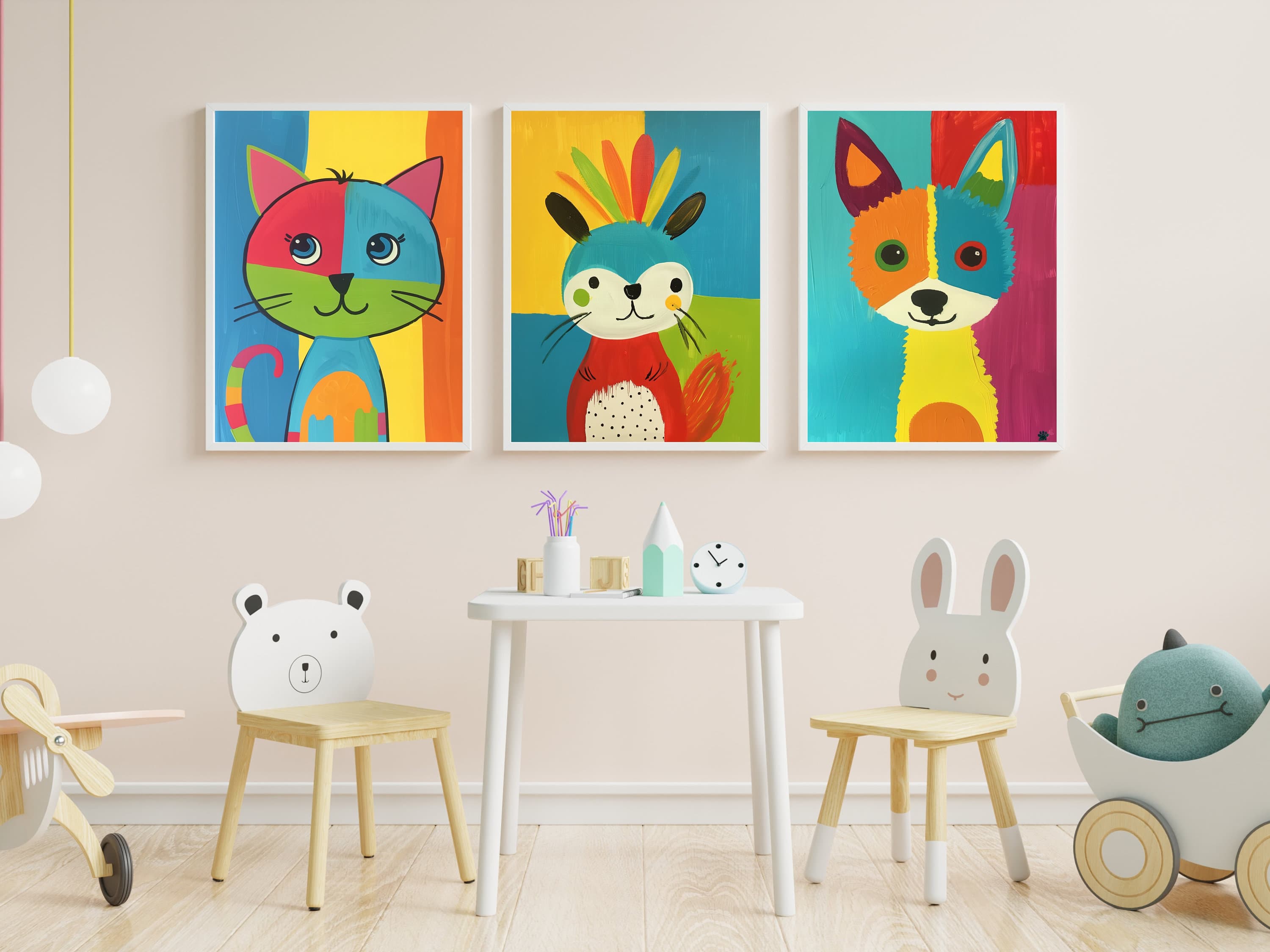 Colorful Animal Prints Set, Colorful Painting , Nursery Wall Art, Cute Baby Room Decor, Playroom Prints, Colorful Nursery Decor, Set of 30 - view 2