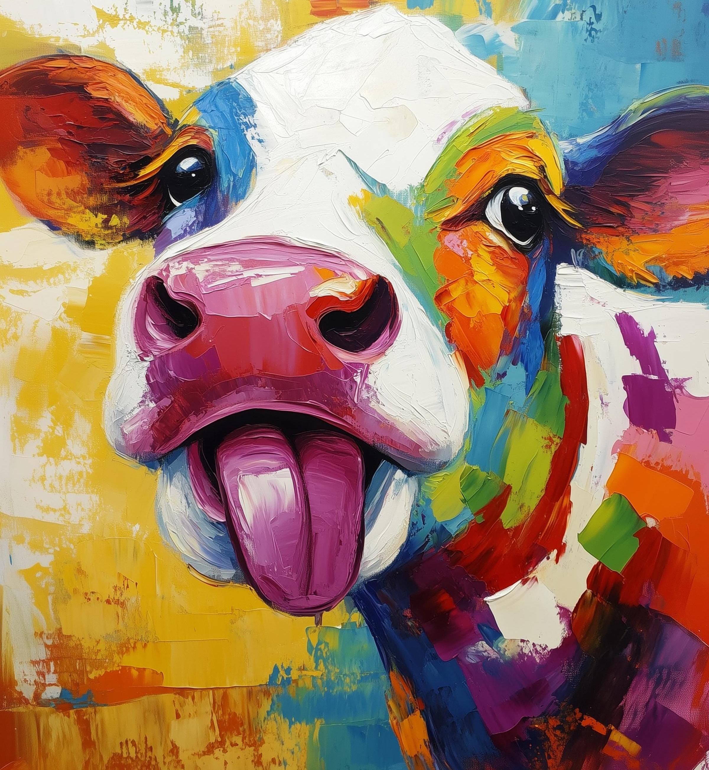 Colorful Bull Painting, Playful Bull with Tongue Out, Abstract Bull Painting, Colorful Pop Art Cow, Digital Bull Wall Art, Colorful Pop Art - view 2