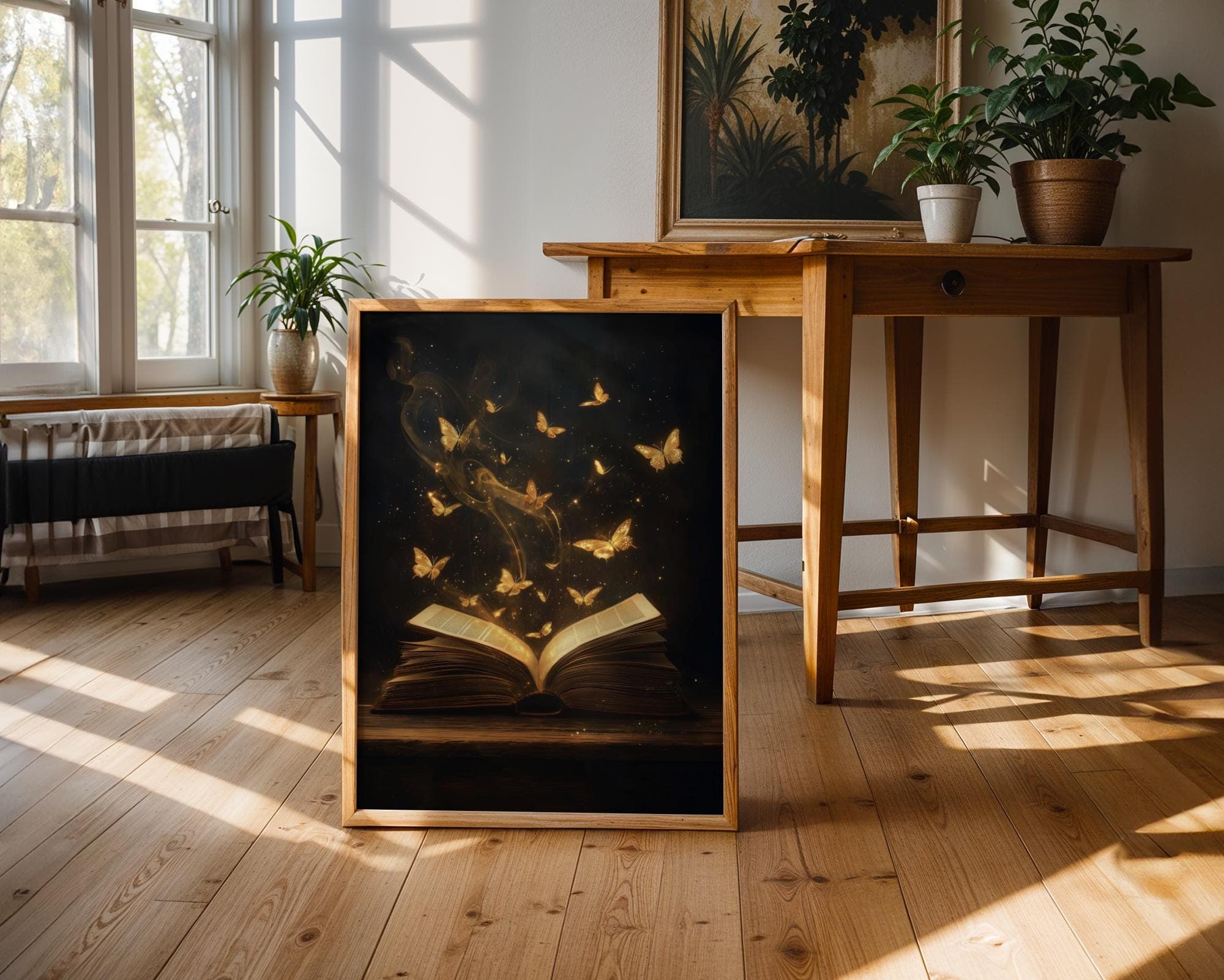 Magical Book with Golden Butterflies Wall Art, Fantasy Dark Academia Print, Enchanted Literary Poster for Library or Reading Nook Decor - view 3