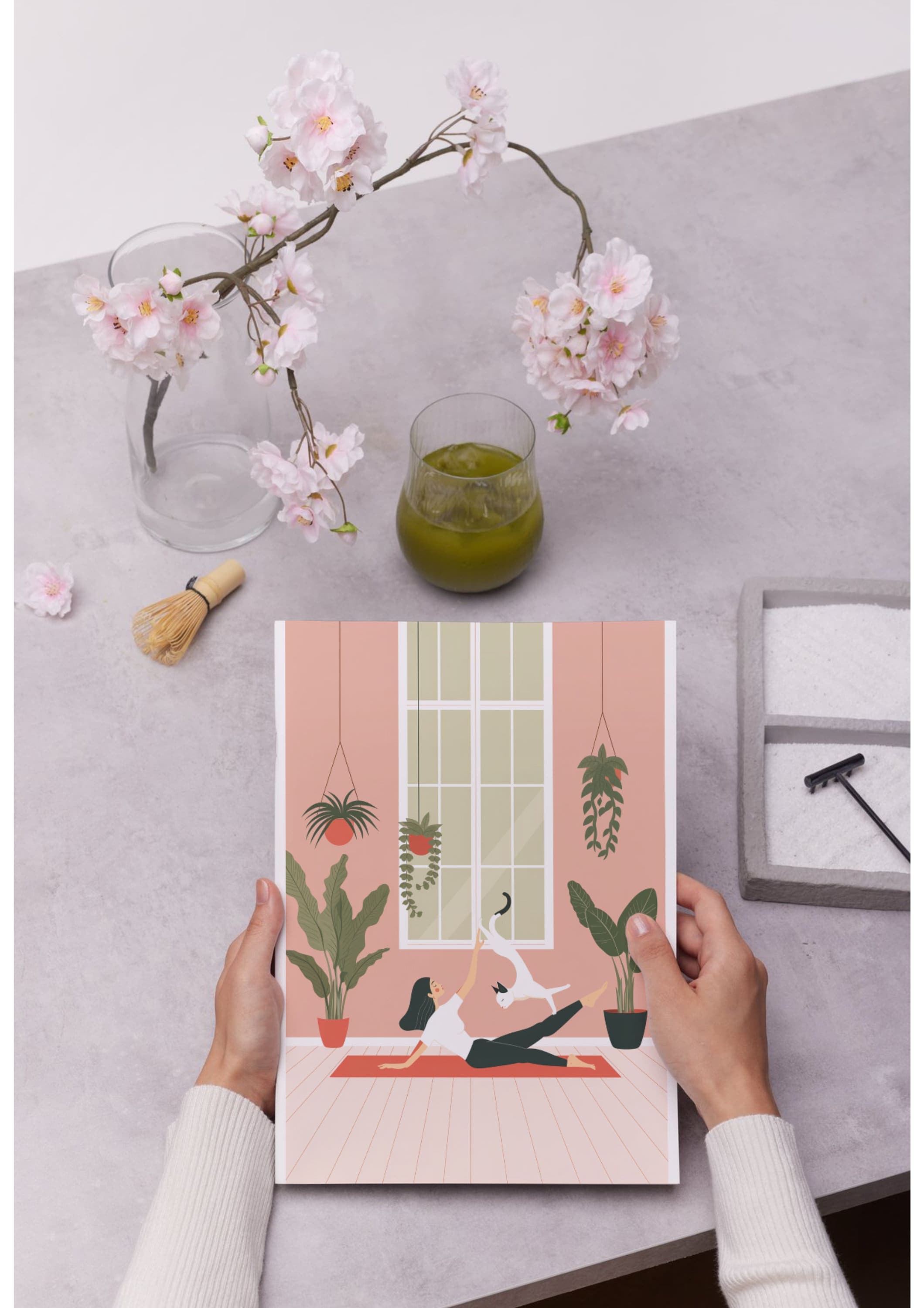 Yoga Cat and Woman Print, Cat Yoga Print, White Cat Art, Yoga Room Decor, Yoga Lover,Serene Yoga Meditation Art Print, International Cat Day - view 4