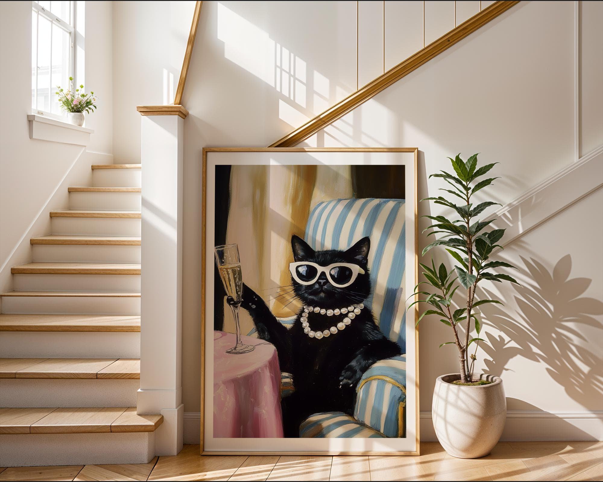 Chic Black Cat Art - Glamorous Feline Wall Print, Quirky Cat Poster, Digital Download, Funny Black Cat Print - Sassy Cat Drinking Champagne - view 3