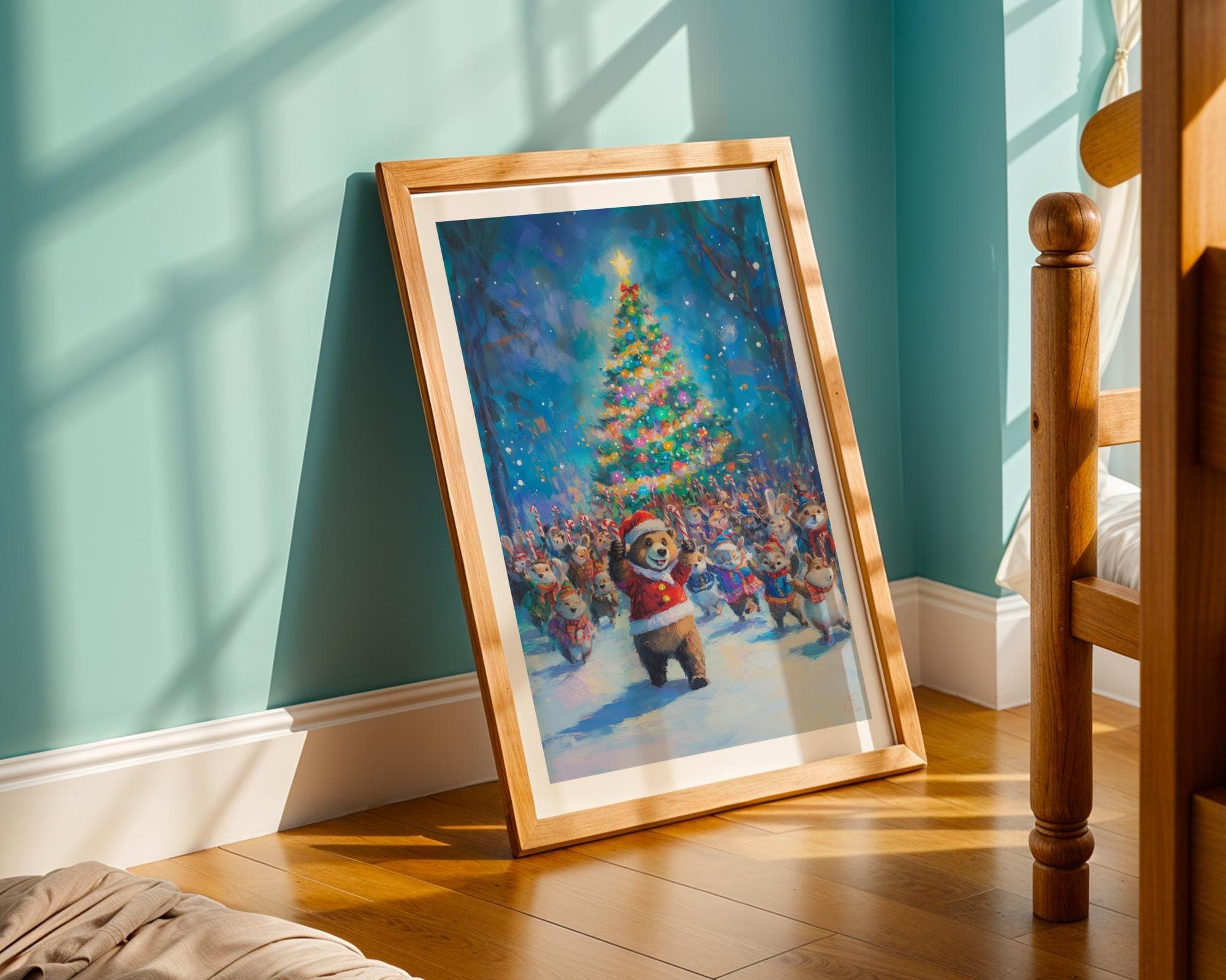 Cute Animal Christmas Parade Art, Christmas Wall Art with Bear & Forest Animals, Holiday Decor for Kids, Kids Room Decor, Festive Wall Art - view 4